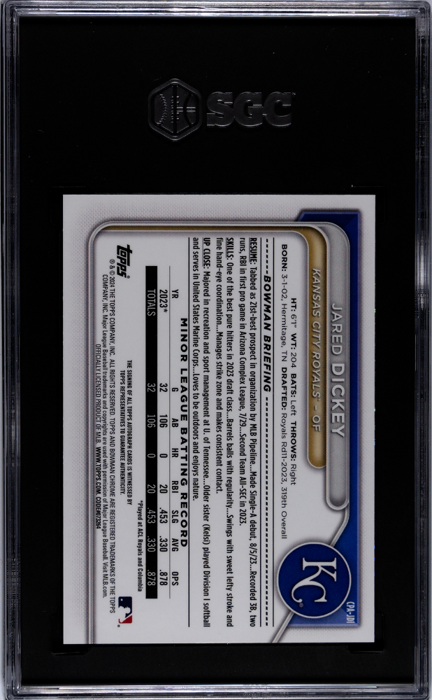 2024 Bowman Jared Dickey #CPA-JDI Cpa Speckle Refractor SGC 9.5