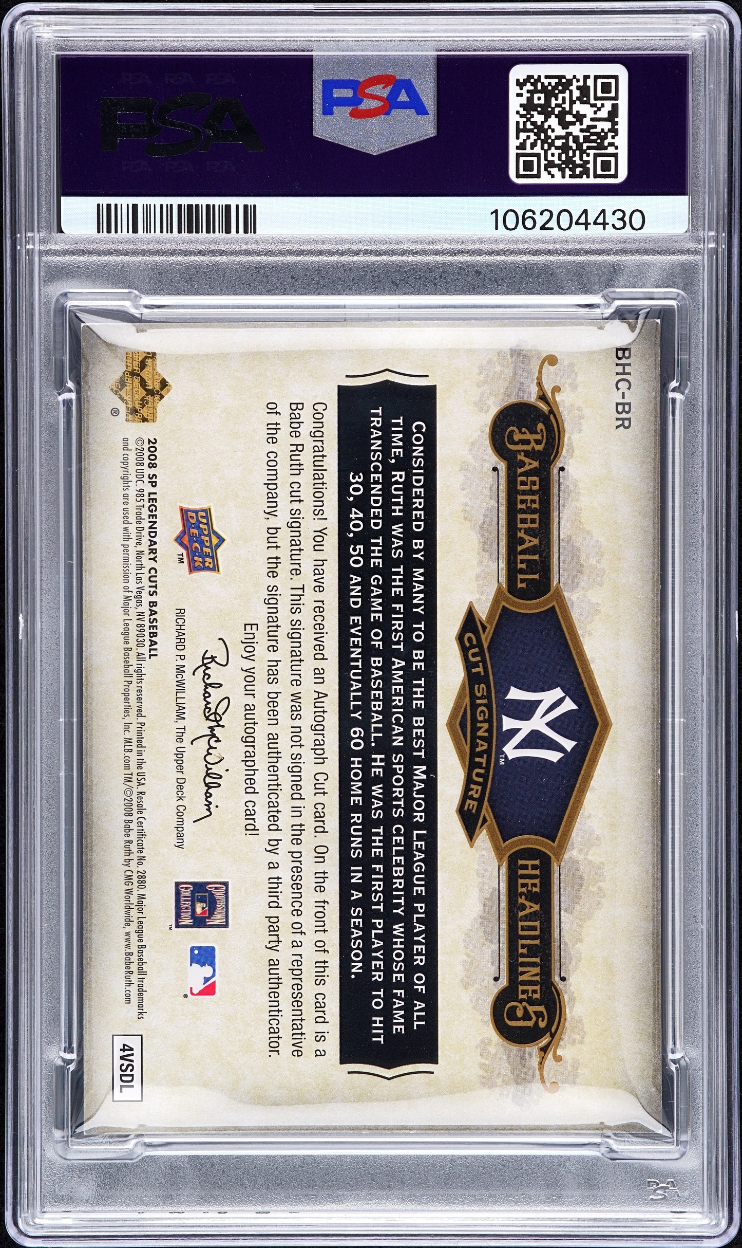 2008 SP Legendary Cuts Baseball Headlines Auto  Babe Ruth #BHCBR /10 PSA A