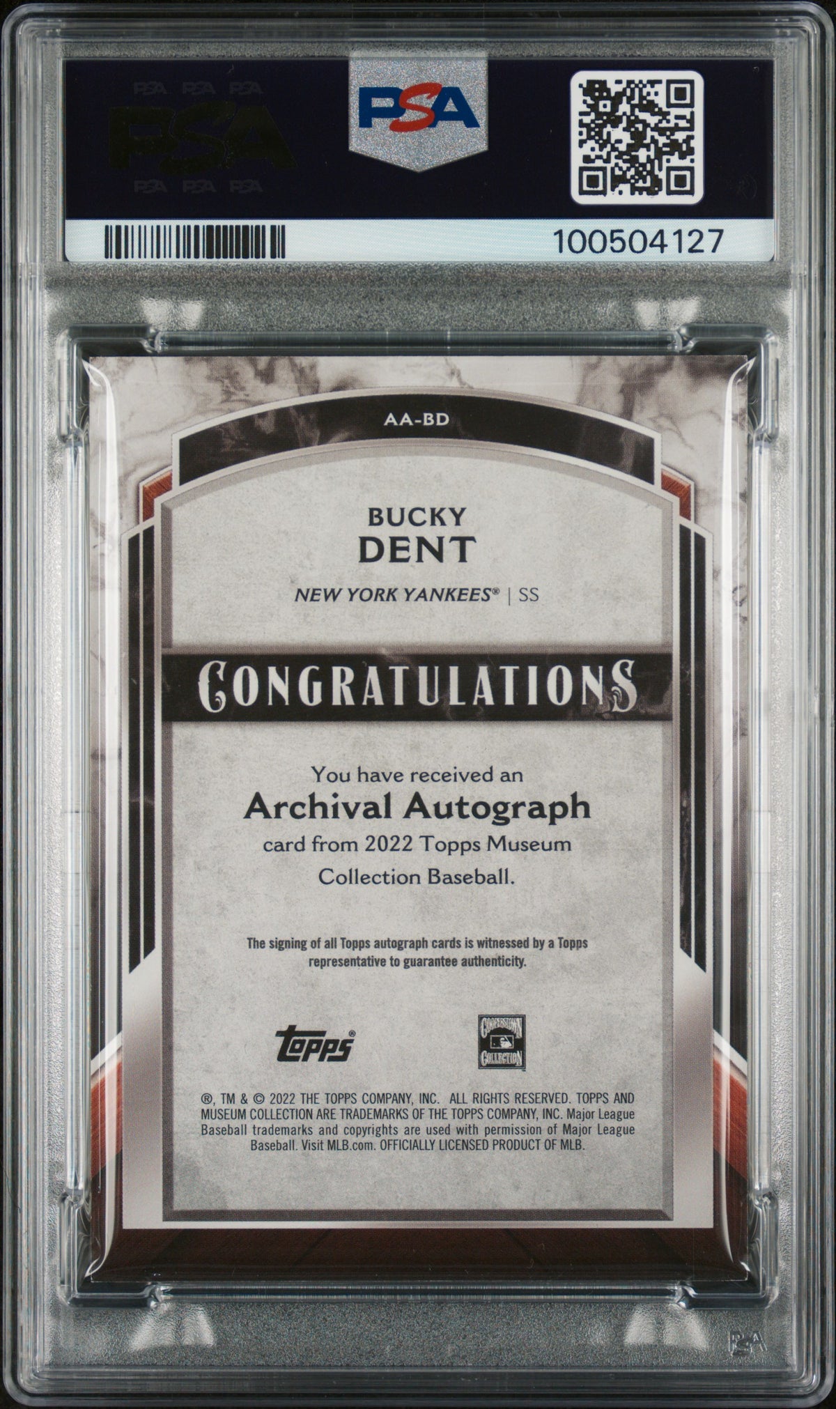 2022 Topps Museum Collection Archival Autographs Bucky Dent #BD 082/299 PSA 9