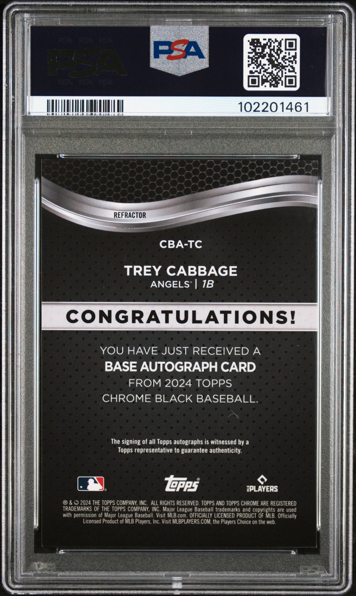 2024 Topps Chrome Black Autographs Trey Cabbage #TC Refractor 041/150 PSA 10