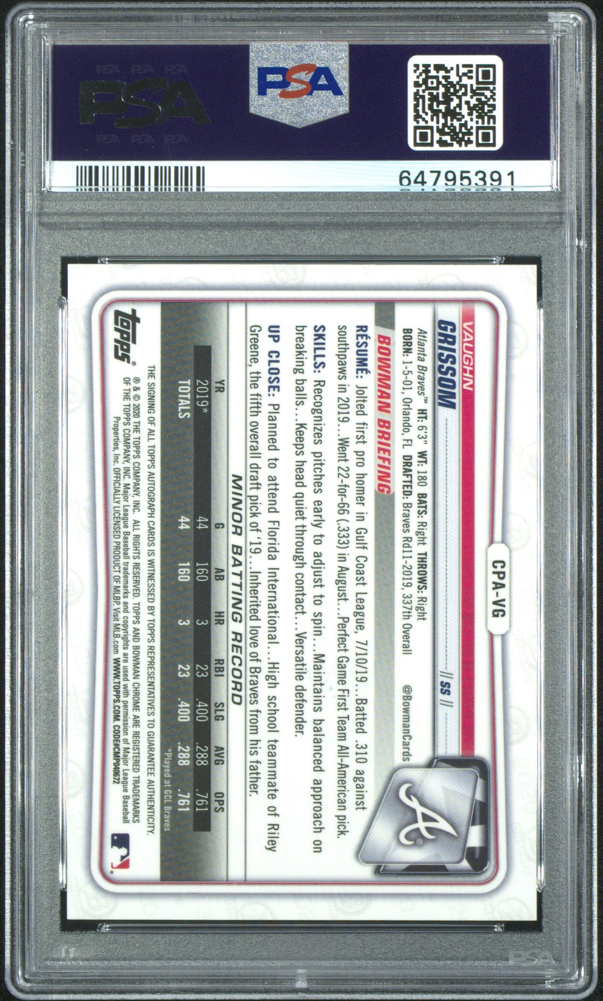2020 Bowman Chrome Prospect Auto Vaughn Grissom #CPAVG Blue Refractor /150 PSA10