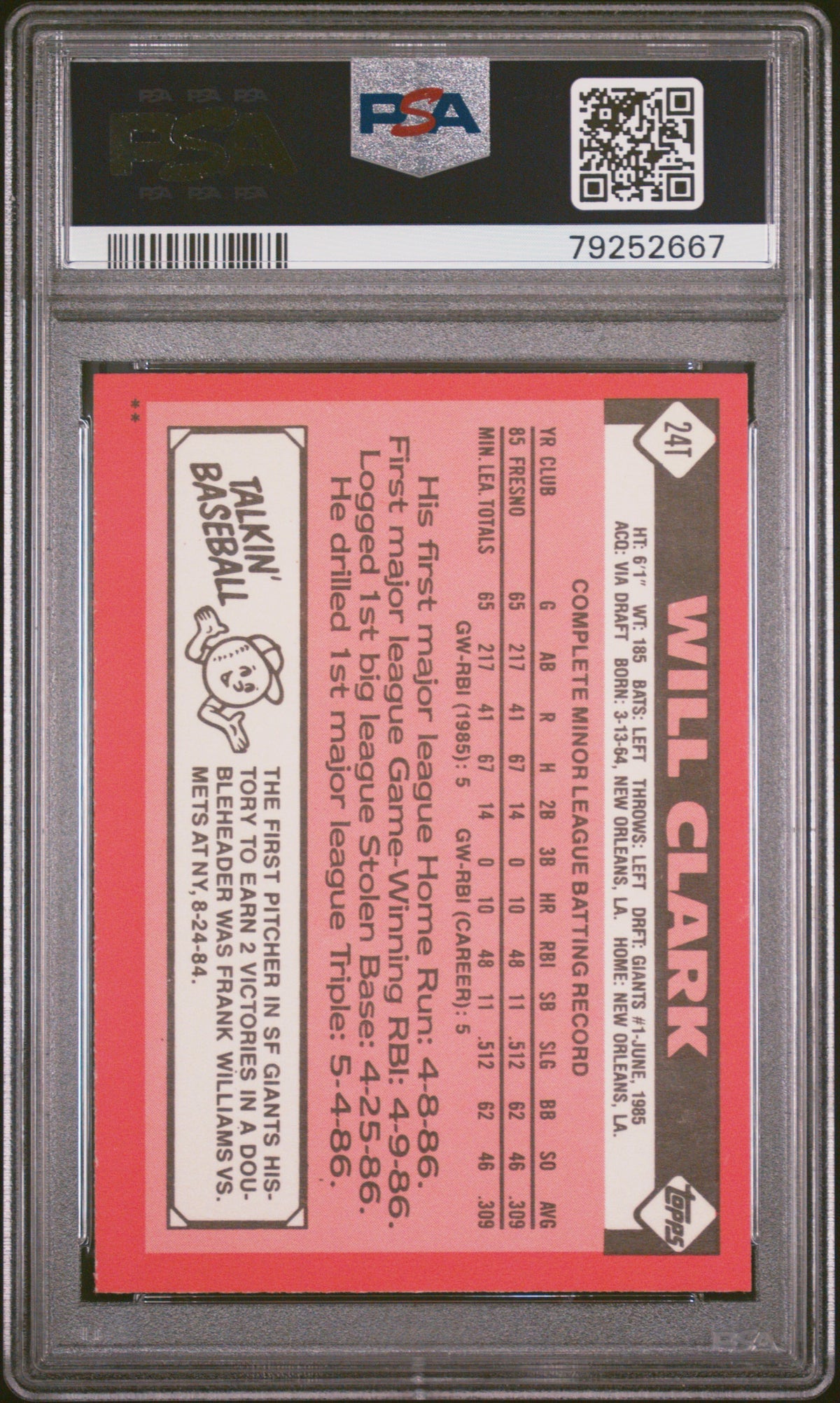 1986 Topps Traded Will Clark #24T PSA 9
