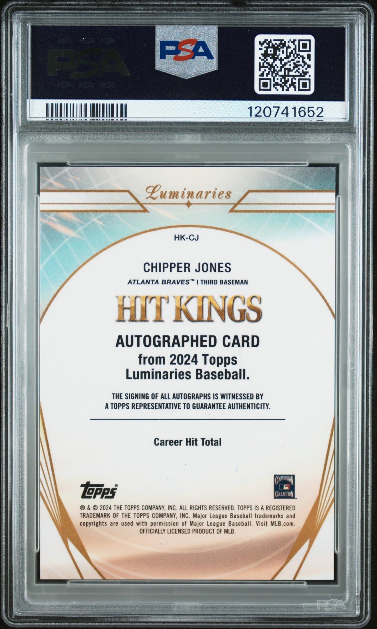 2024 Topps Luminaries Hit Kings Auto Chipper Jones #HKCJ 3 / 3 PSA 9 Auto 10