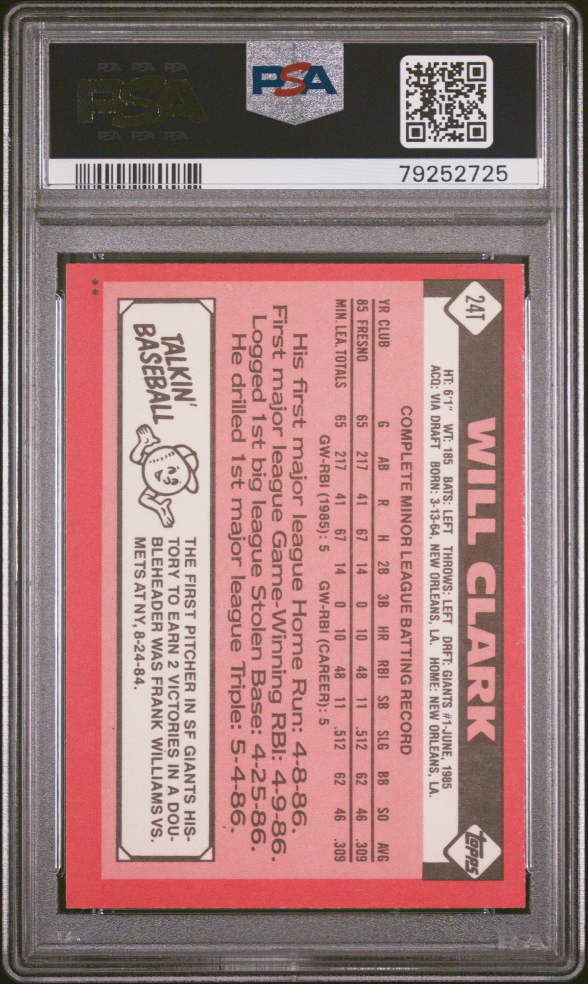 1986 Topps Traded Will Clark #24T PSA 8