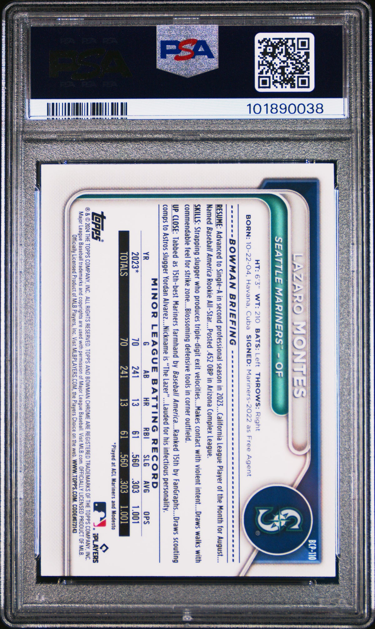 2024 Bowman Chrome Prospects Lazaro Montes #BCP110 Prspcts Lunar Glow Ref PSA 9