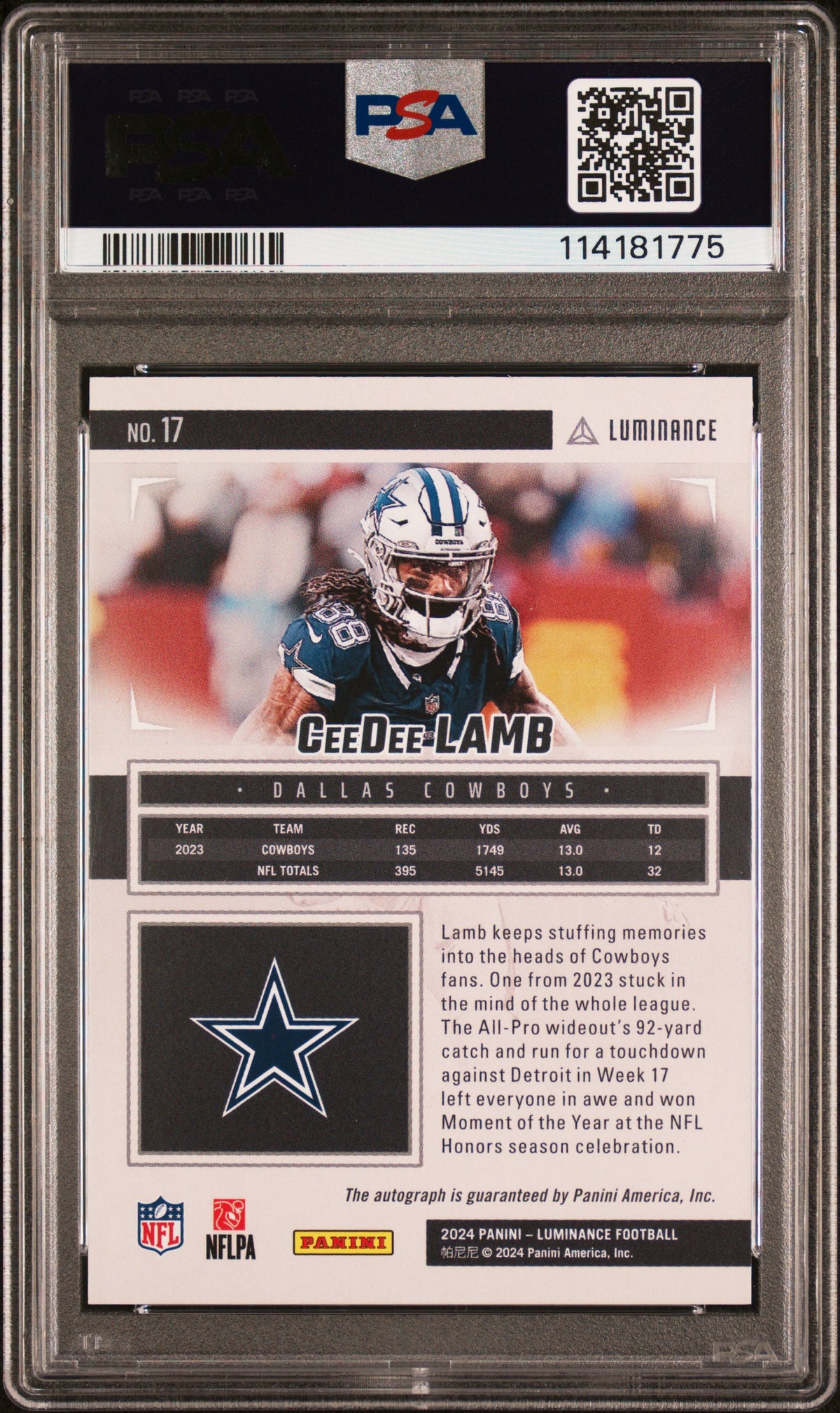 2024 Panini Luminance Ceedee Lamb #17 Autograph Green 01/25 PSA 10