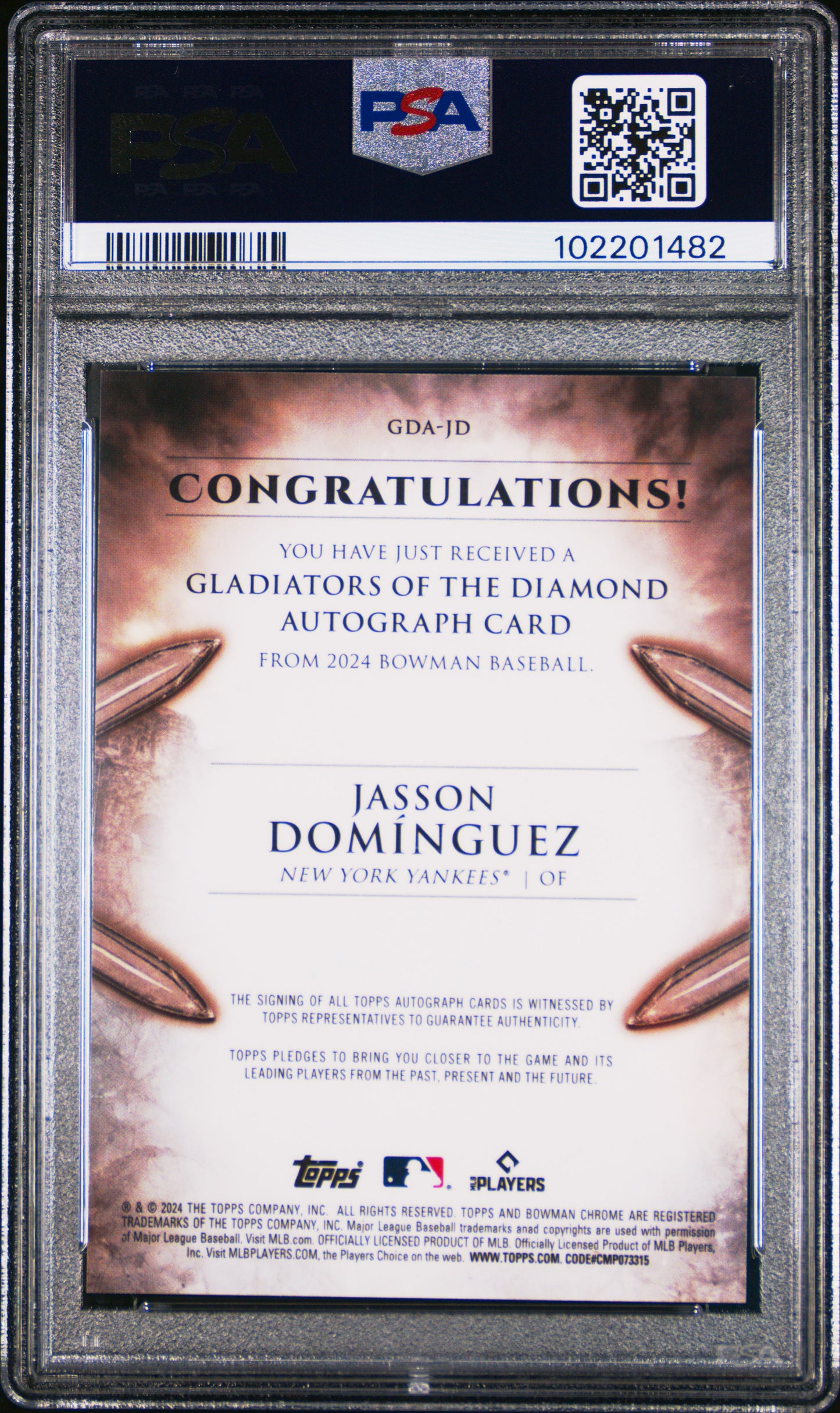 2024 Bowman Gladiators  Diamond Auto Jasson Dominguez #GDAJD Gold 32/60 PSA 10