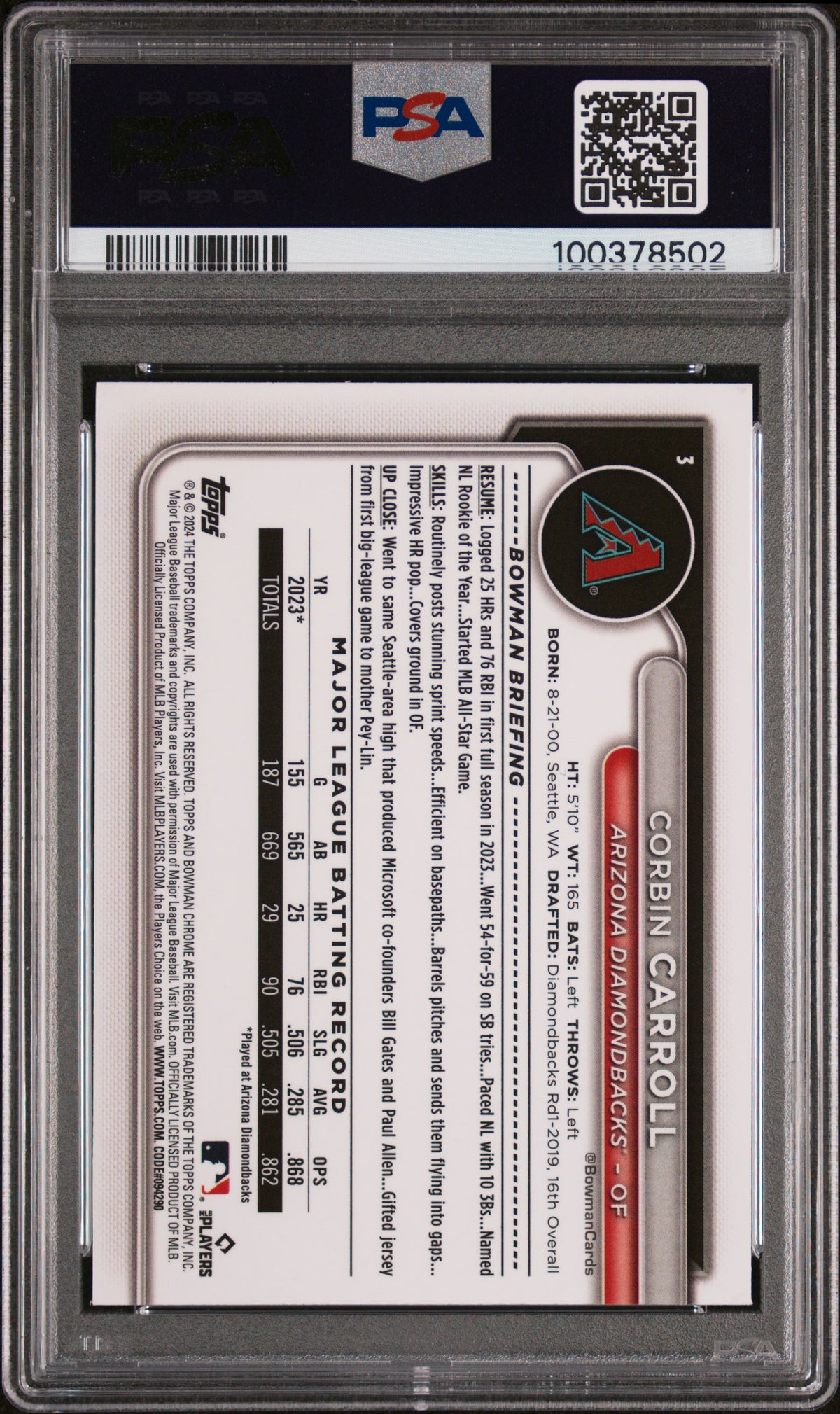2024 Bowman Chrome Mega Box Corbin Carroll #3 Blue Refractor 088/150 PSA 9