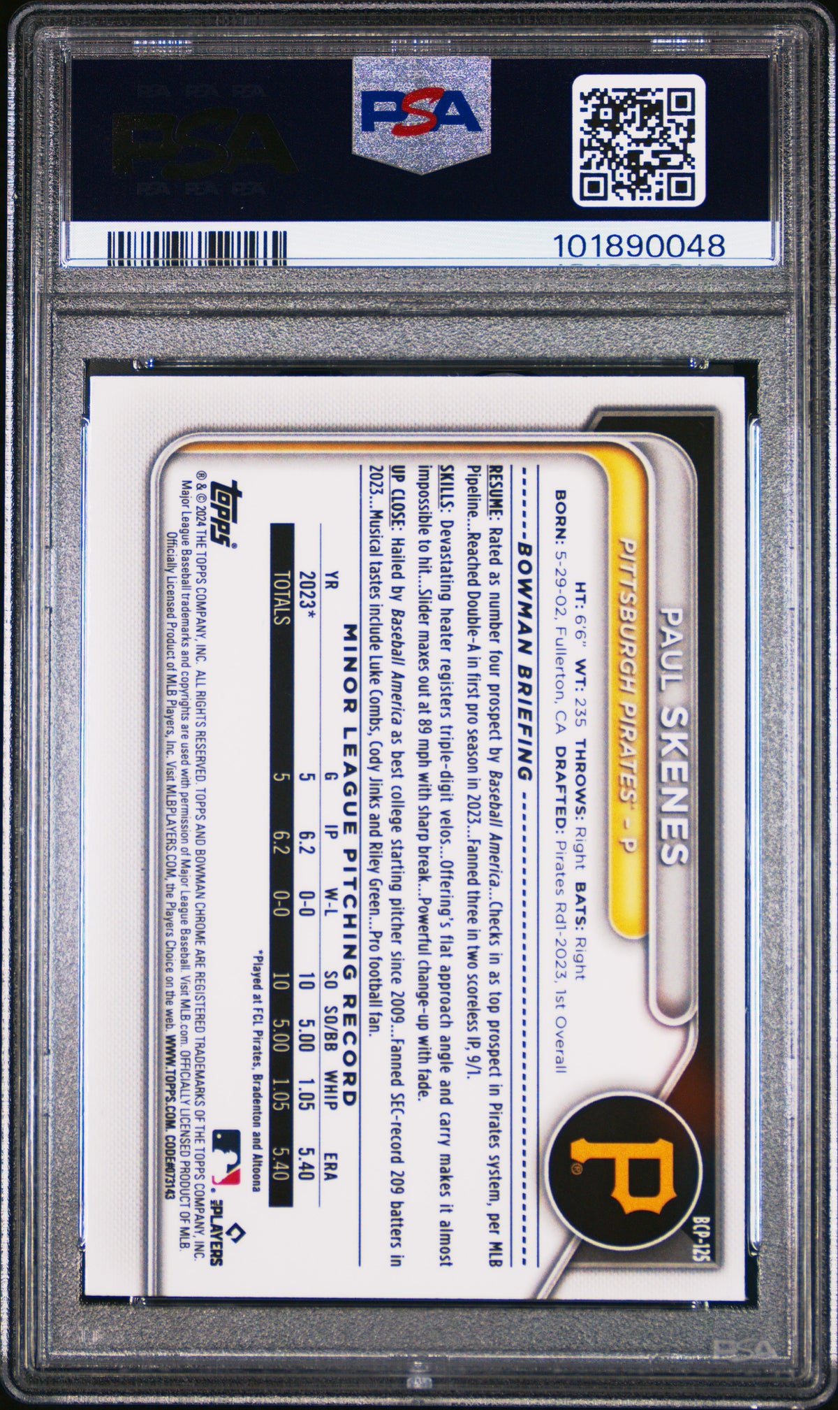 2024 Bowman Chrome Prospects Paul Skenes #BCP125 Prspcts Lunar Glow Ref PSA 9