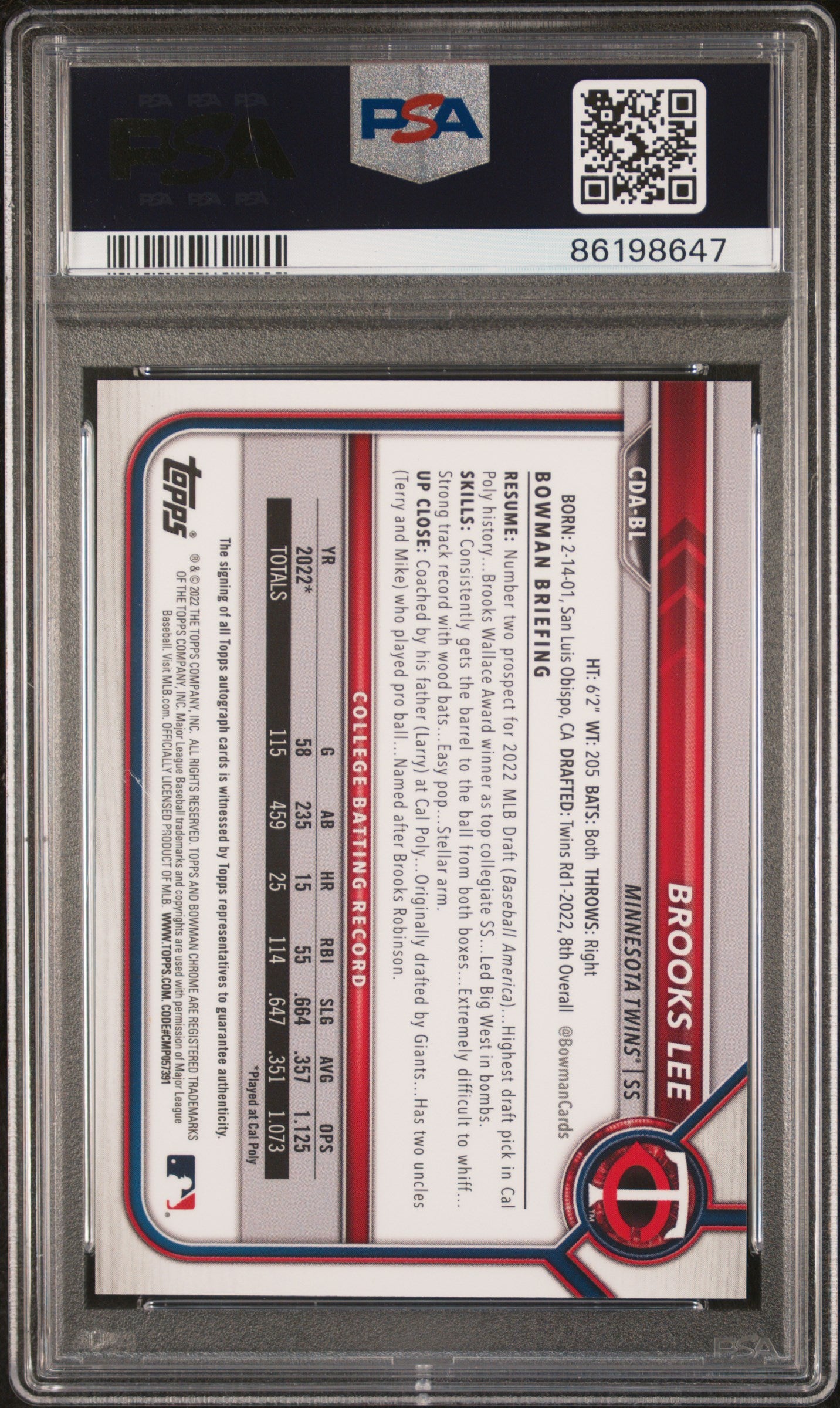 2022 Bowman Draft Chrome  Pick Auto Brooks Lee #CDABL DP Orange Refractor PSA 10