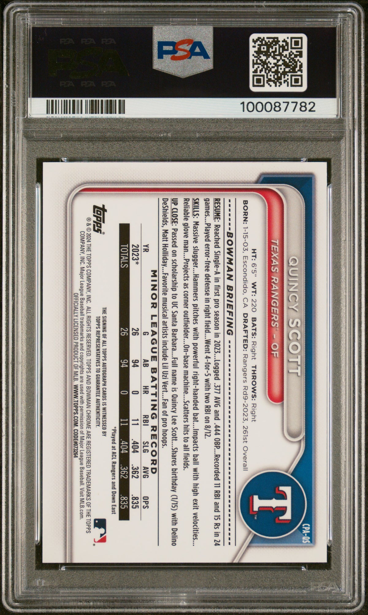 2024 Bowman Chrome Prospect Auto Quincy Scott #CPAQS Speckle Ref /299 PSA 10
