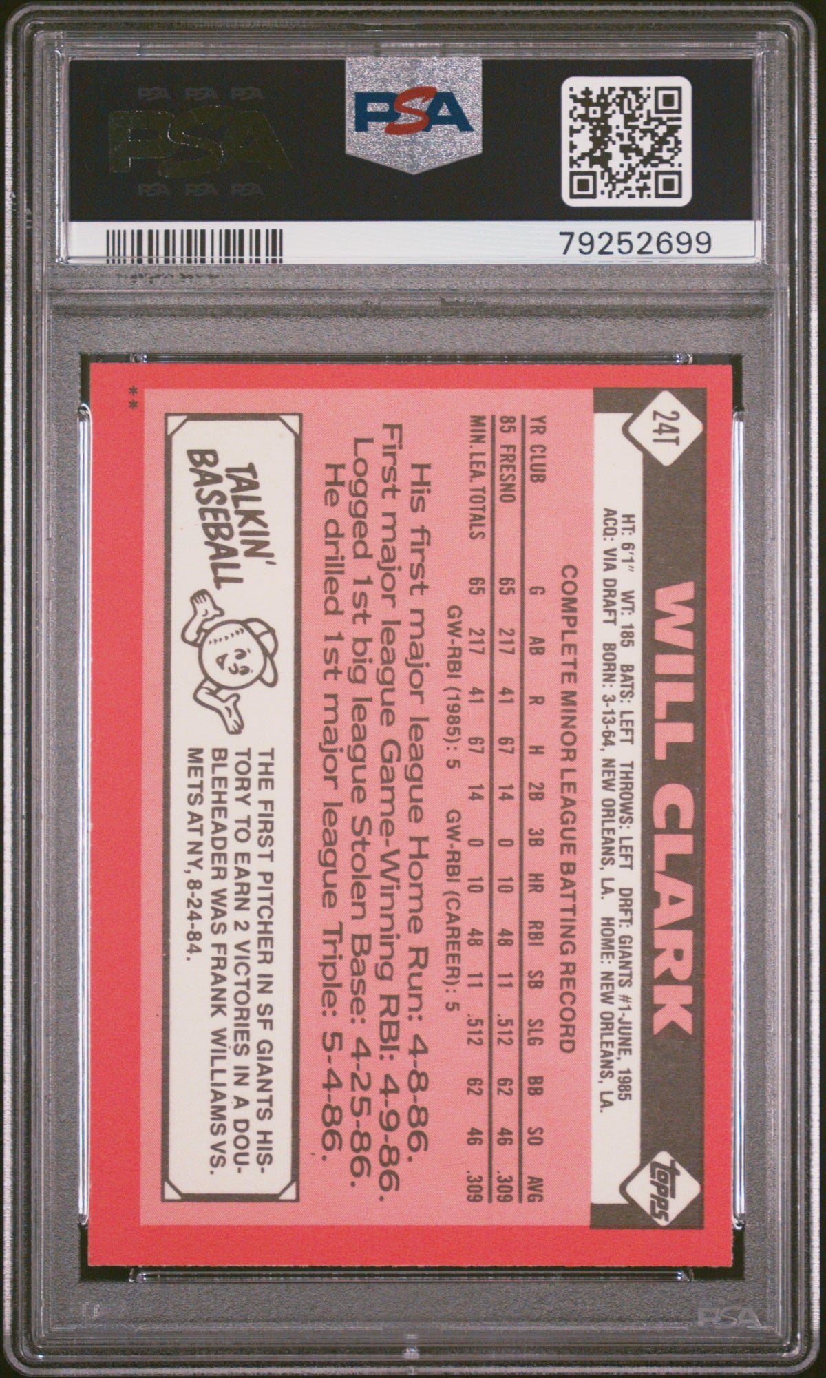 1986 Topps Traded Will Clark #24T PSA 9