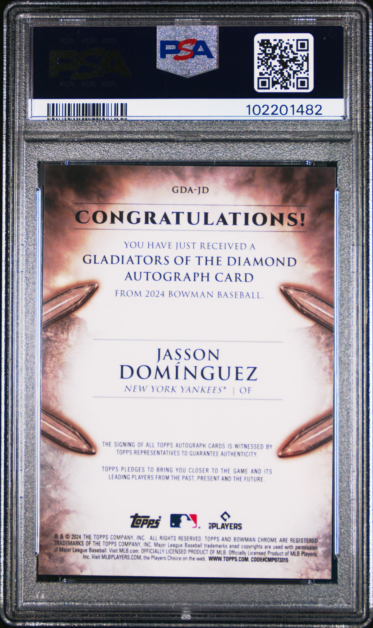 2024 Bowman Gladiators  Diamond Auto Jasson Dominguez #GDAJD Gold 32/60 PSA 10