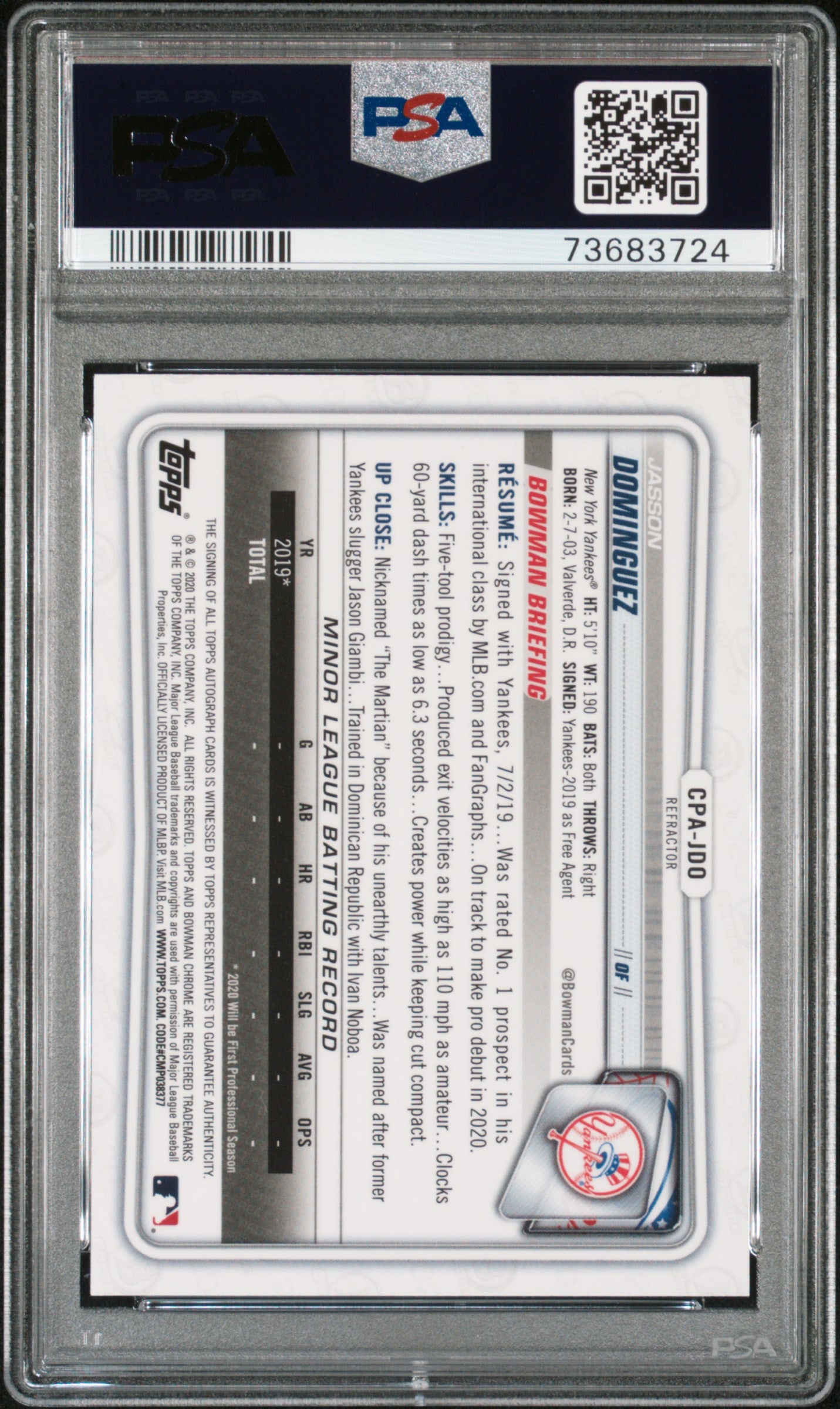 2020 Bowman Chrome Prospect Autographs Jasson Dominguez #CPAJDO Refractor PSA 10