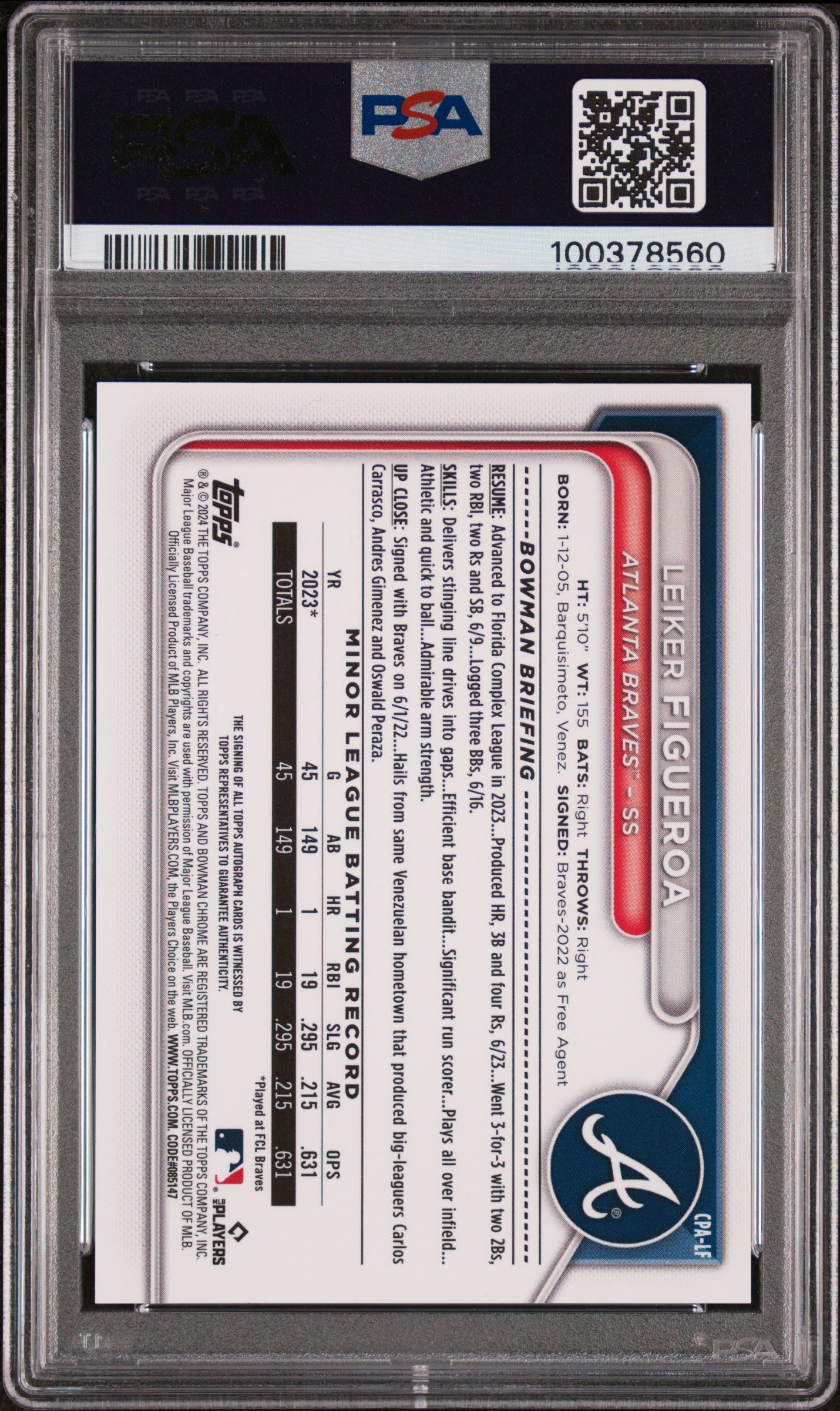 2024 Bowman Chrome Prospect Autographs Leiker Figueroa #CPALF Blue /150 PSA 9