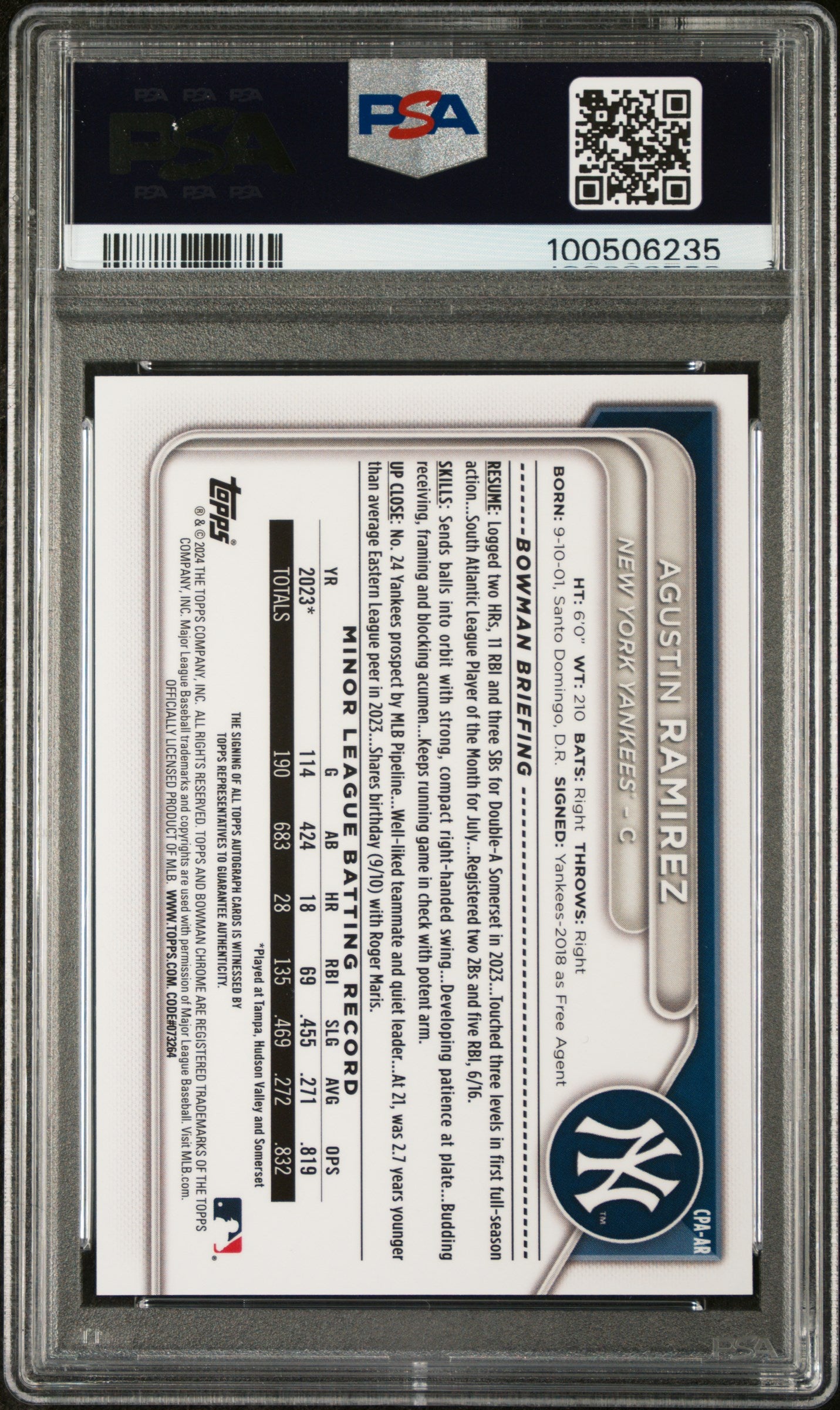 2024 Bowman Chrome Prospect Autographs Agustin Ramirez #CPAAR PSA 10