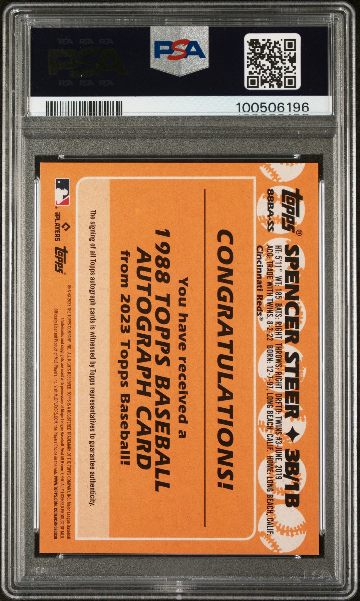 2023 Topps 1988 Topps Baseball Autographs Spencer Steer #88BASS PSA 8