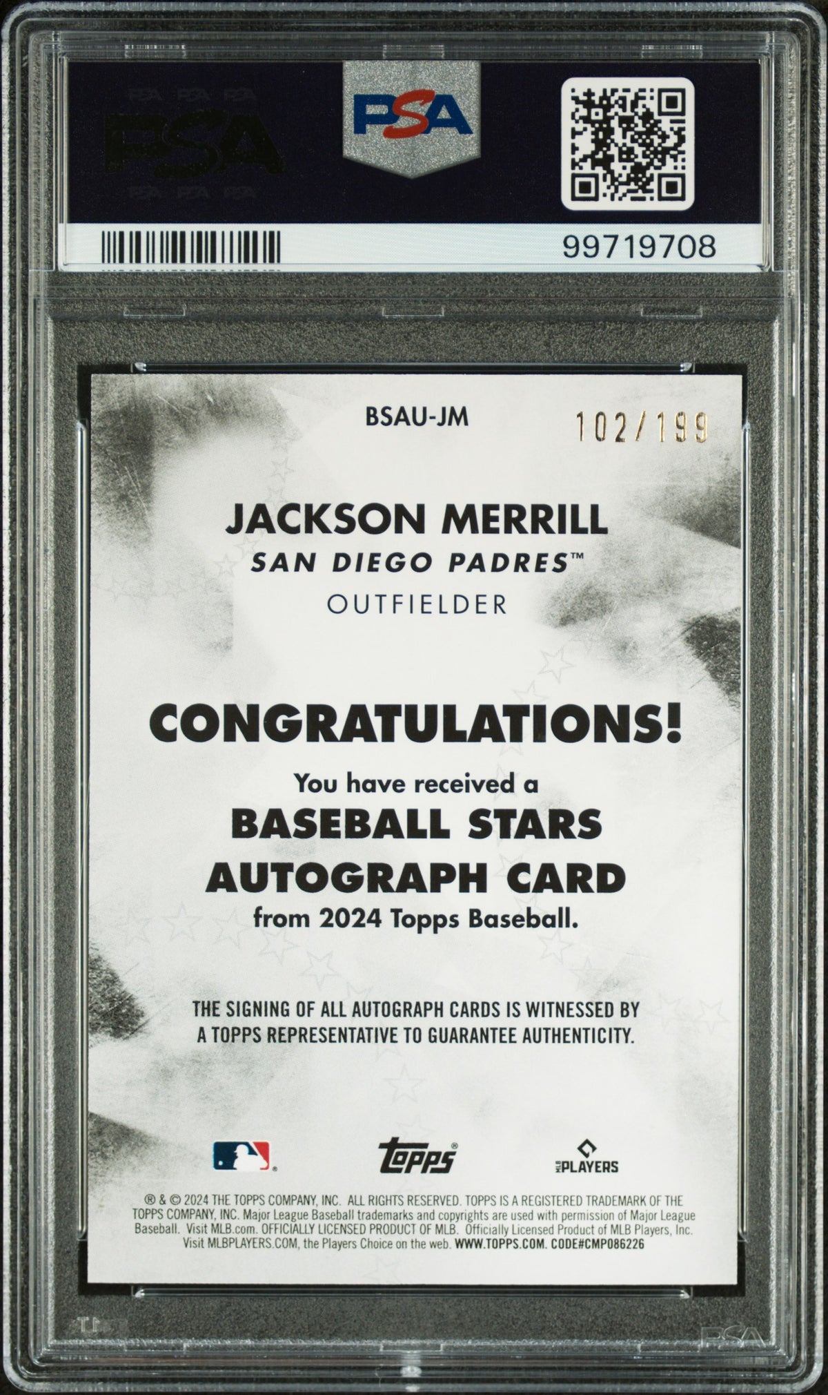 2024 Topps Baseball Stars Autographs Jackson Merrill #JM Black PSA 10
