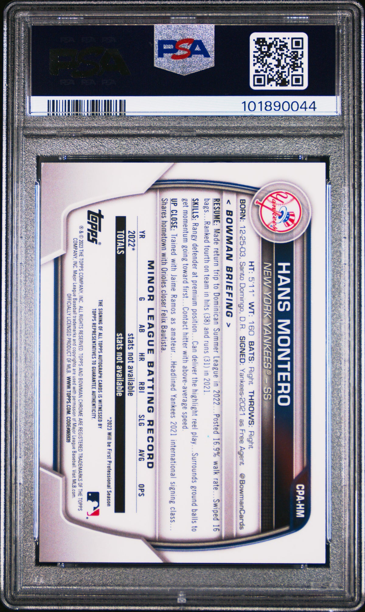 2023 Bowman Chrome Prospect Autographs Hans Montero #CPAHM PSA 9