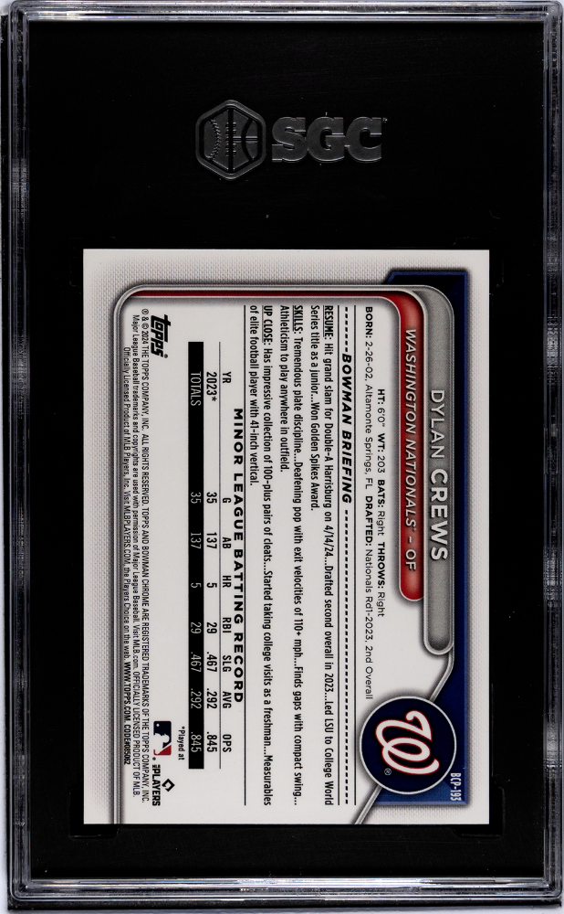 2024 Bowman Chrome Sapphire Dylan Crews #BCP-193 Prospect Black SGC 9