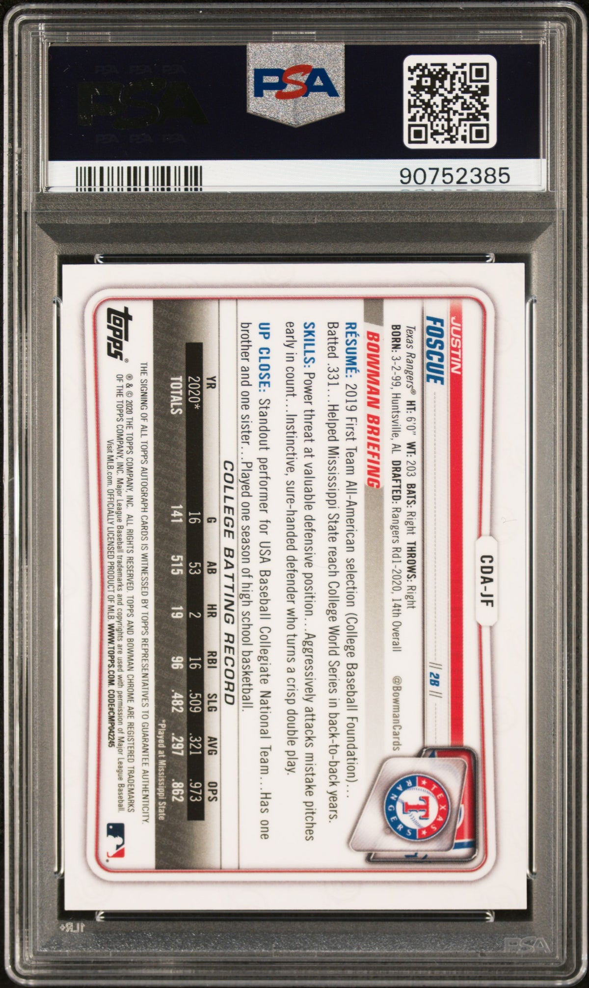 2020 Bowman Draft Chrome Draft Picks Autographs Justin Foscue #CDAJF Auto PSA 10