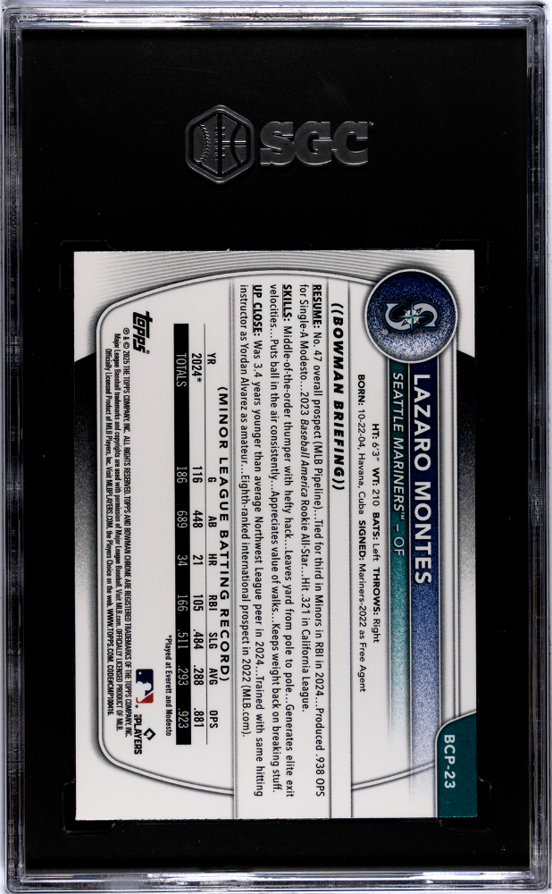 2025 Bowman Lazaro Montes #BCP-23 Chrome Prospect Blue Reptilian Refractor SGC 9