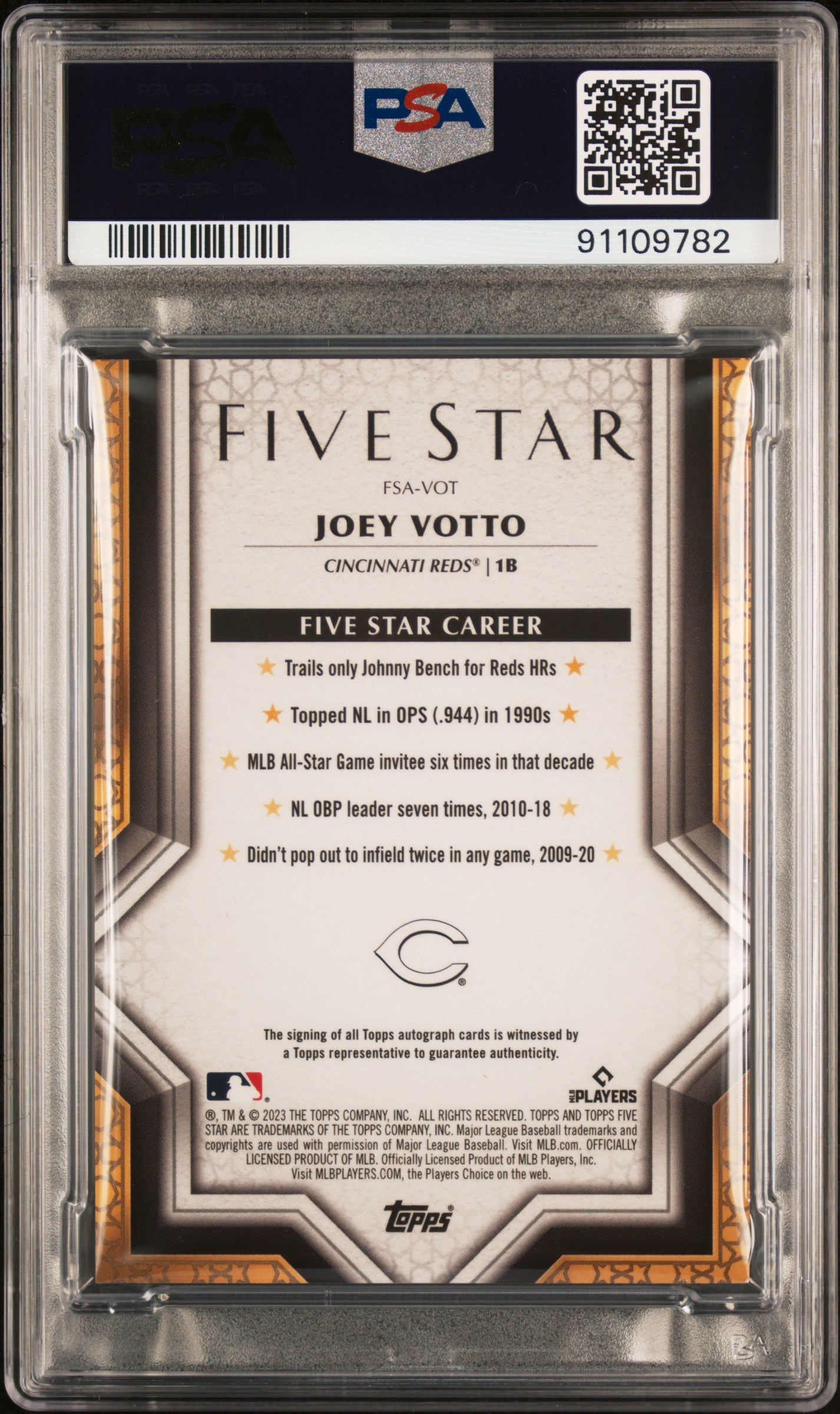 2023 Topps Five Star Autographs Joey Votto #FSAVOT Aqua PSA 8