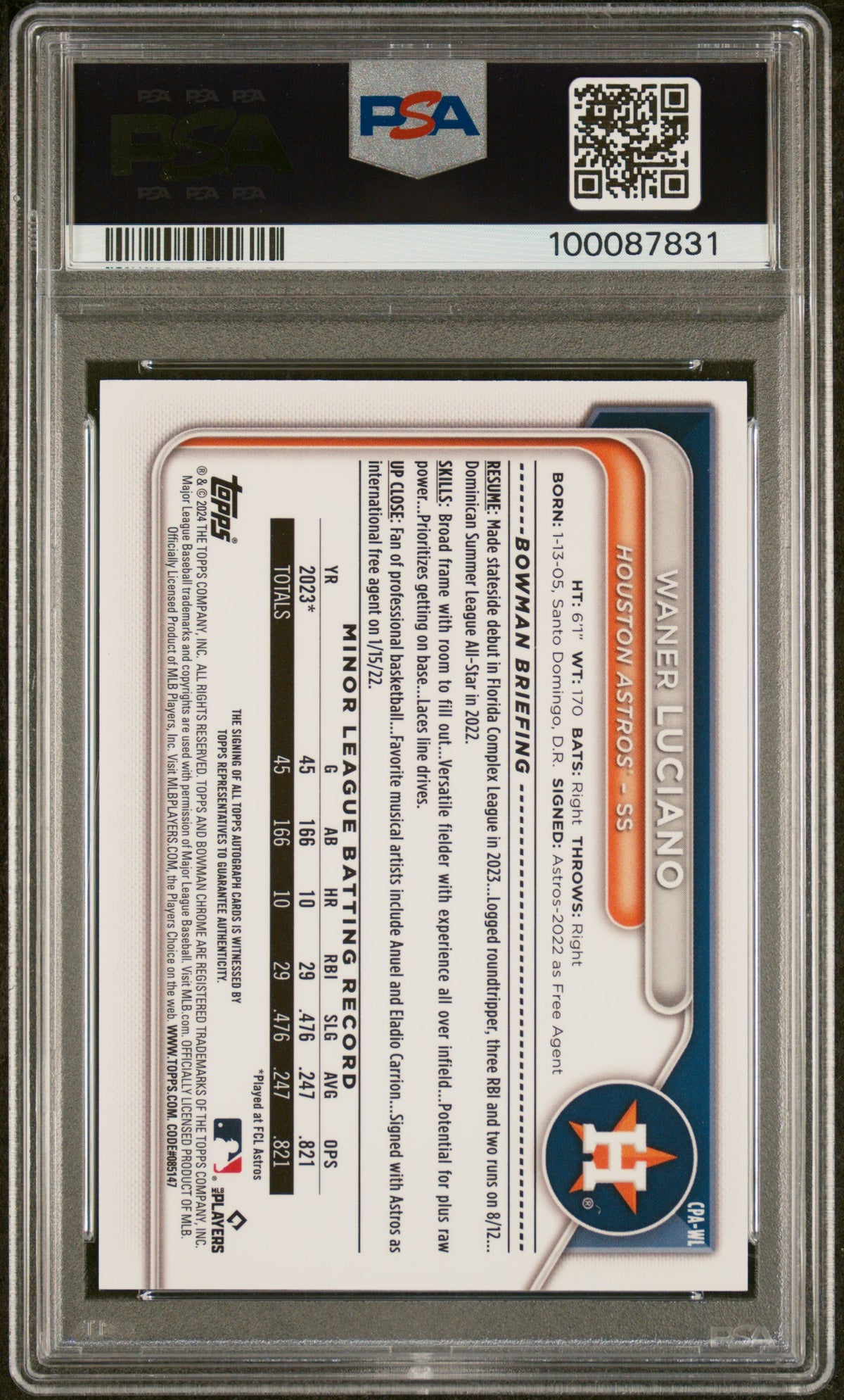 2024 Bowman Chrome Prospect Autographs Waner Luciano #CPAWL Blue Ref /150 PSA 9