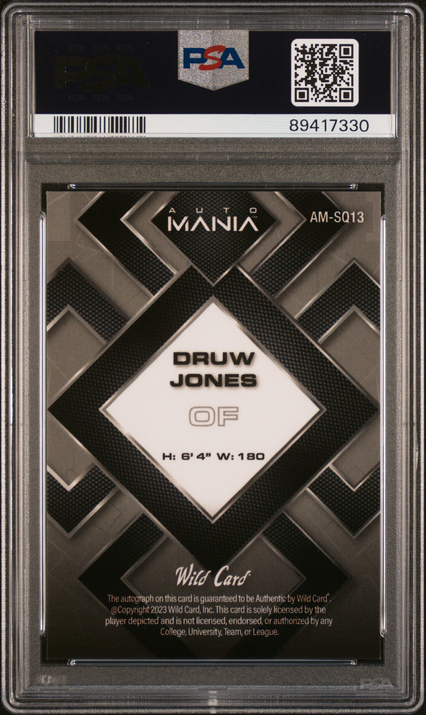 2023 Wild Card Auto Mania Autographs Druw Jones #AMSQ13 SQR  Red 2/6 PSA 10
