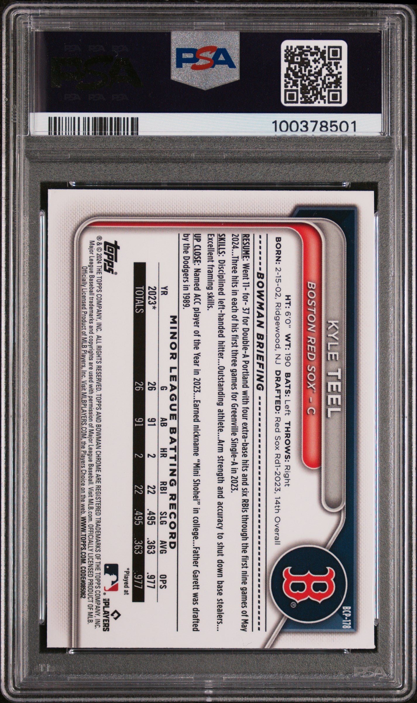 2024 Bowman Chrome Prospects Kyle Teel #BCP178 Purple Ref 194/250 PSA 9