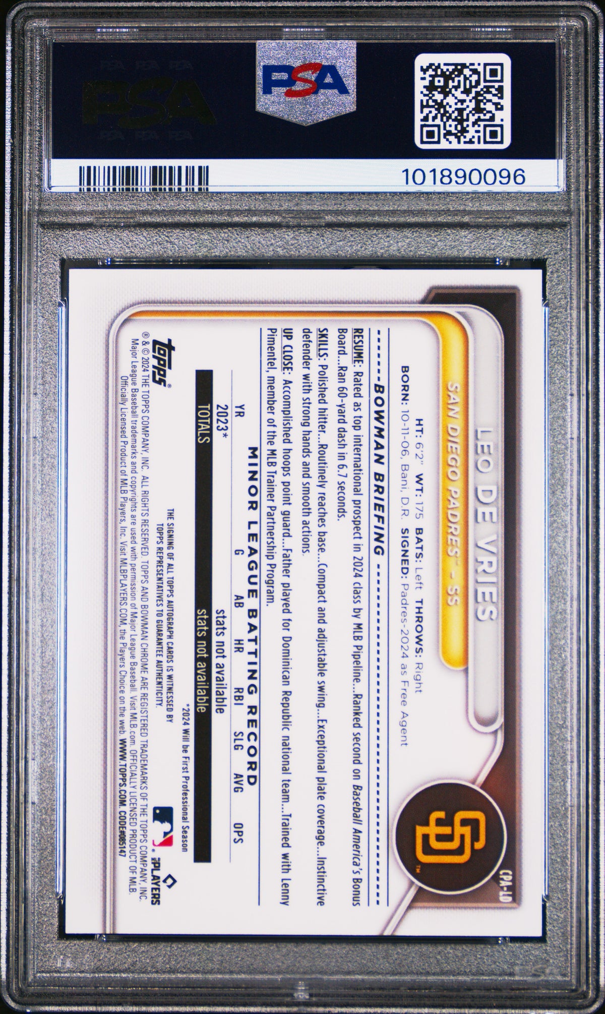 2024 Bowman Prospect Auto Leo De Vries #CPALD Prspct Reptilian Blu /150 PSA 9