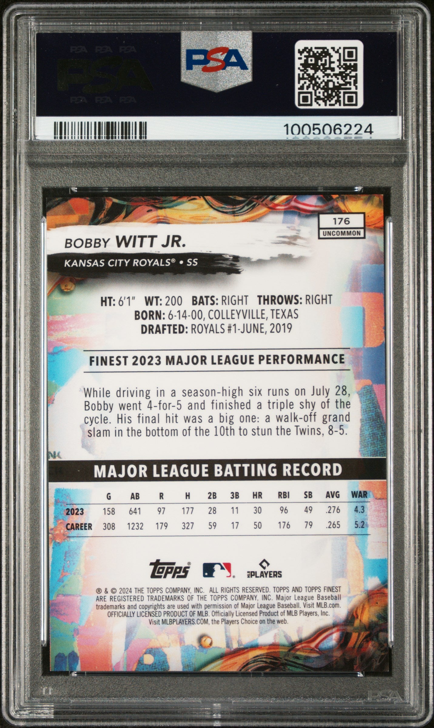 2024 Topps Finest Bobby Witt JR. #176 Blue Checkerboard Ref PSA 10