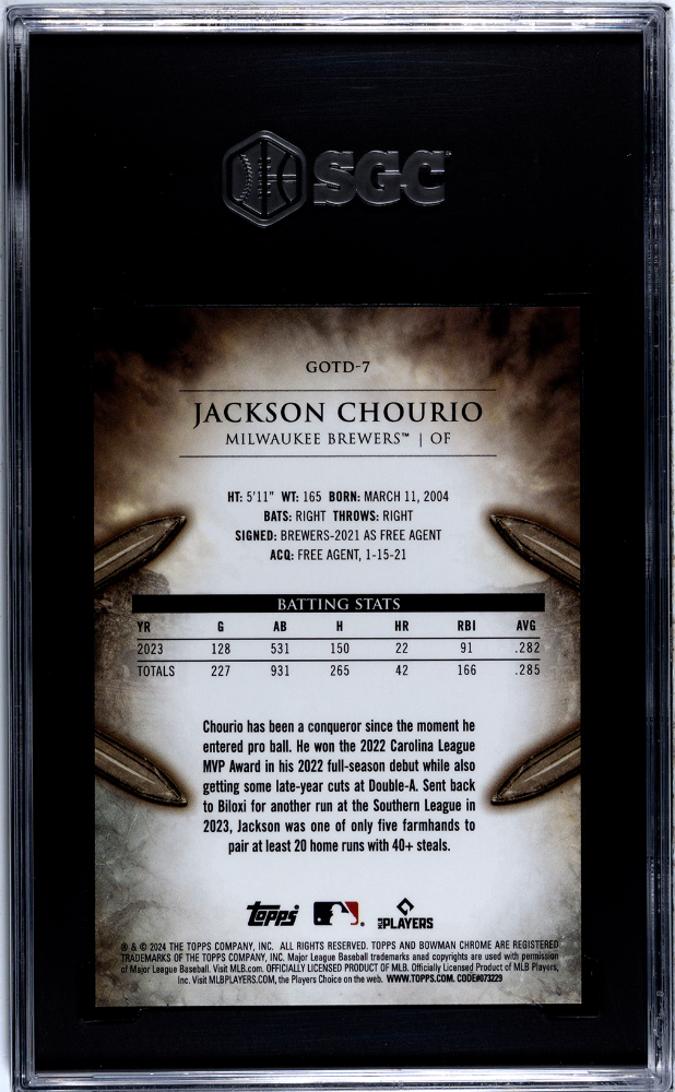 2024 Bowman Jackson Chourio #GOTD-7 Gladiators  Diamond Mini Diamond SGC 9.5