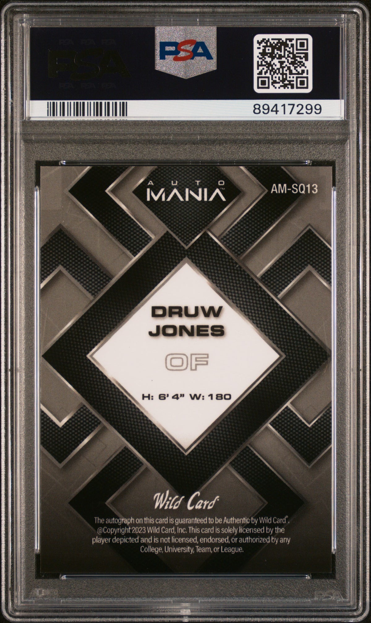 2023 Wild Card Auto Mania Auto Druw Jones #AMSQ13 SQR Red 1/10 PSA 10