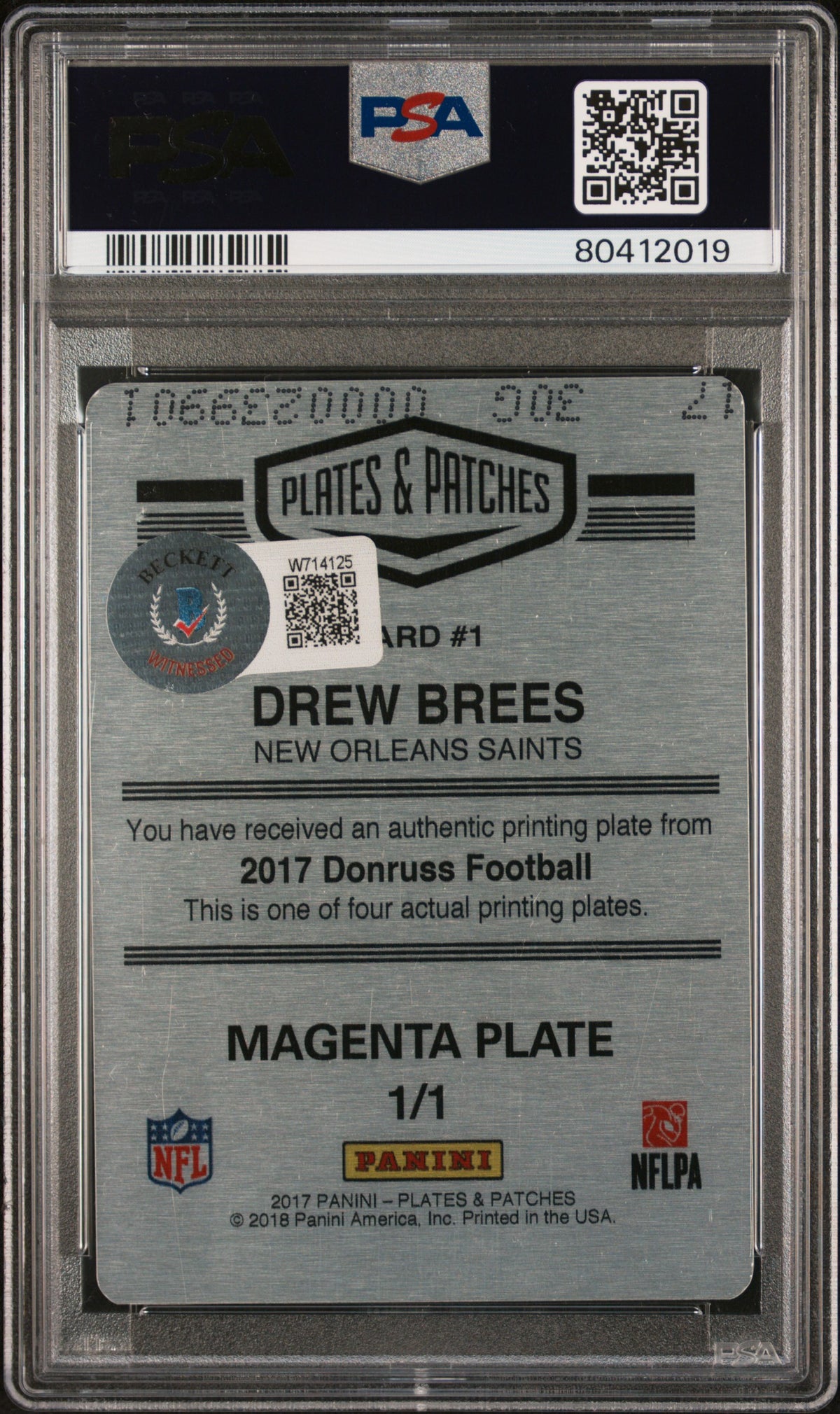 2017 Panini Plates & Patches Printing Plate Drew Brees  Mag. PP 1/1 PSA A Auto 8