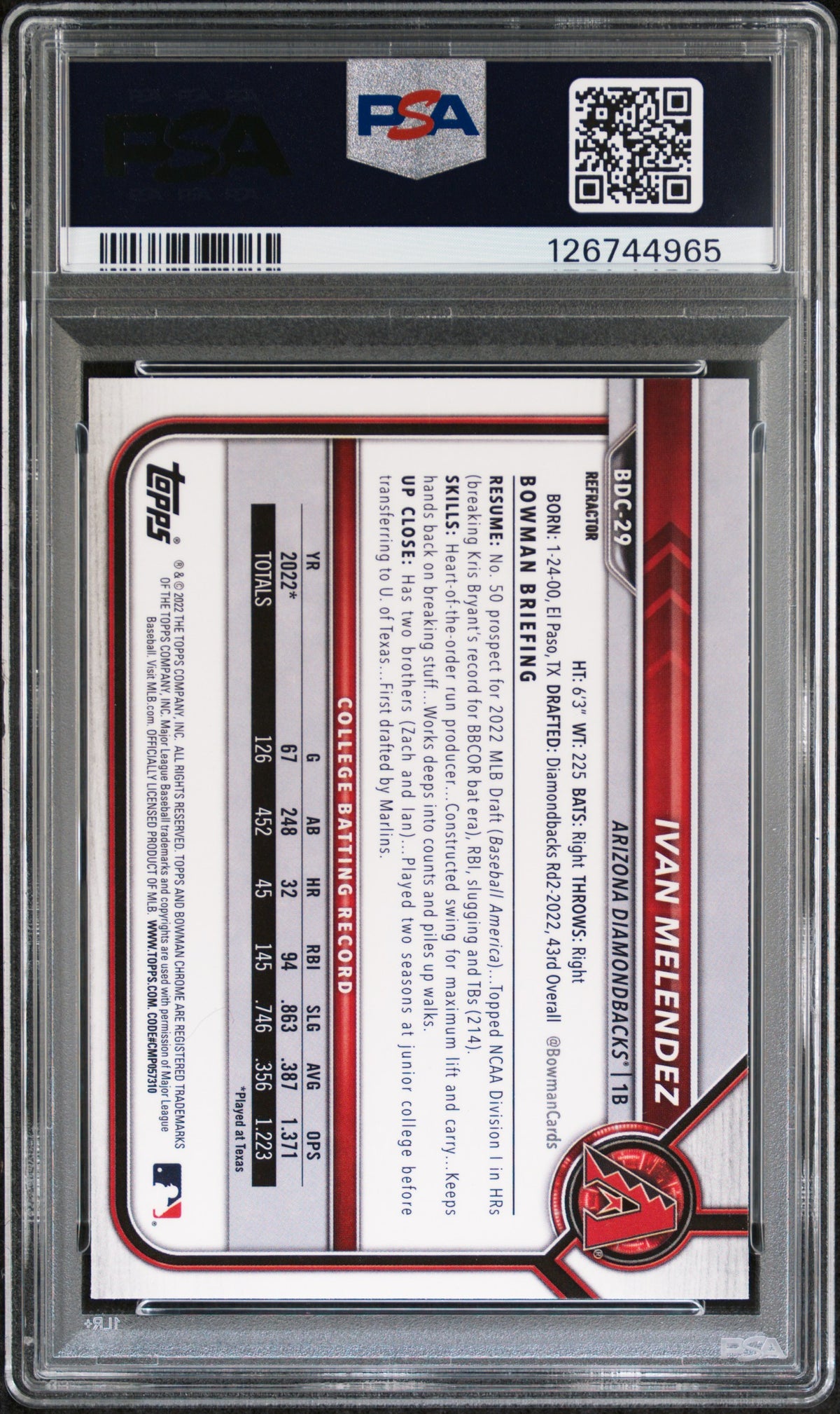 2022 Bowman Draft Ivan Melendez #BDC29 Chrome Refractor PSA 10