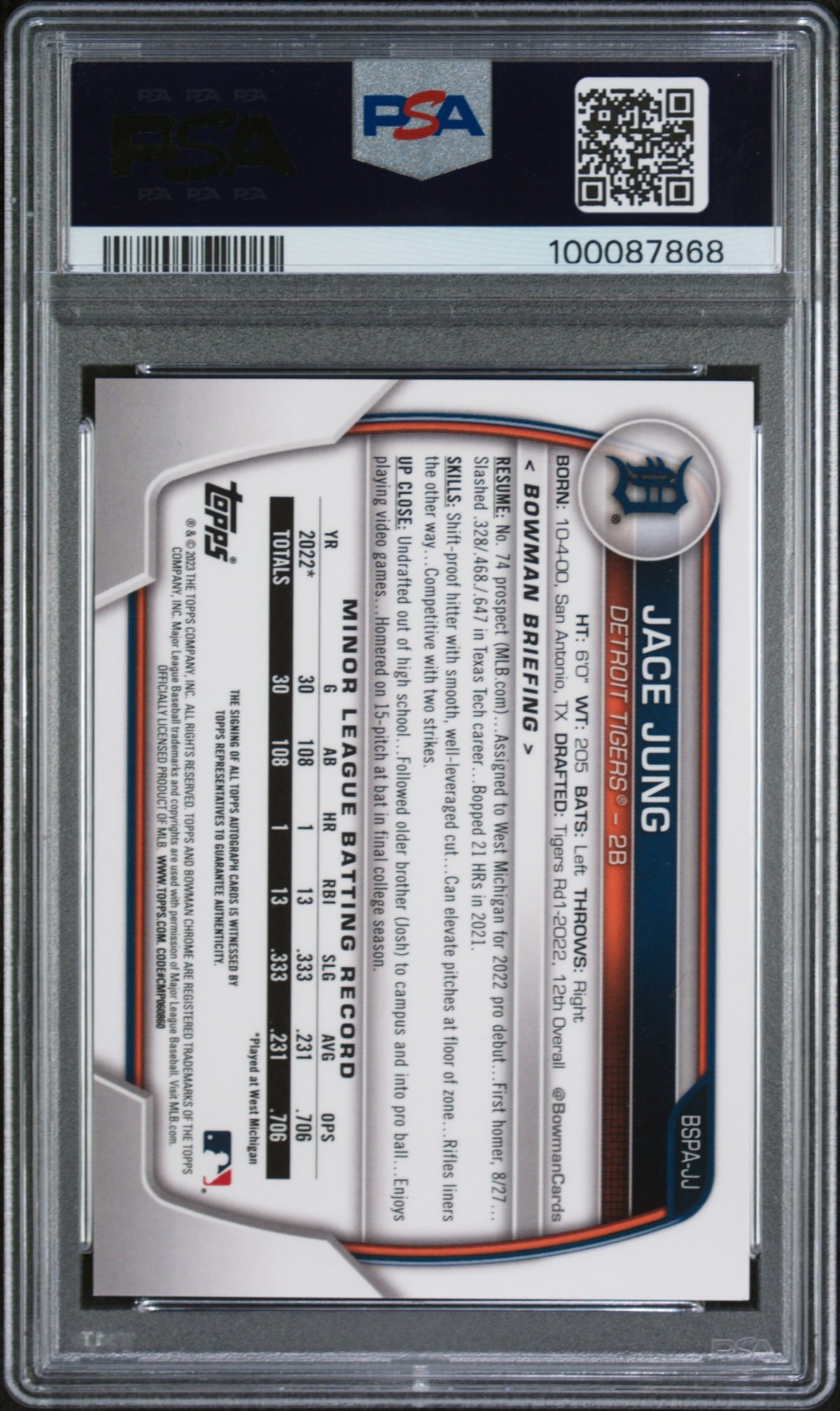 2023 Bowman Sapphire Edition Prospects Auto Jace Jung #BSPAJJ Green /50 PSA 10
