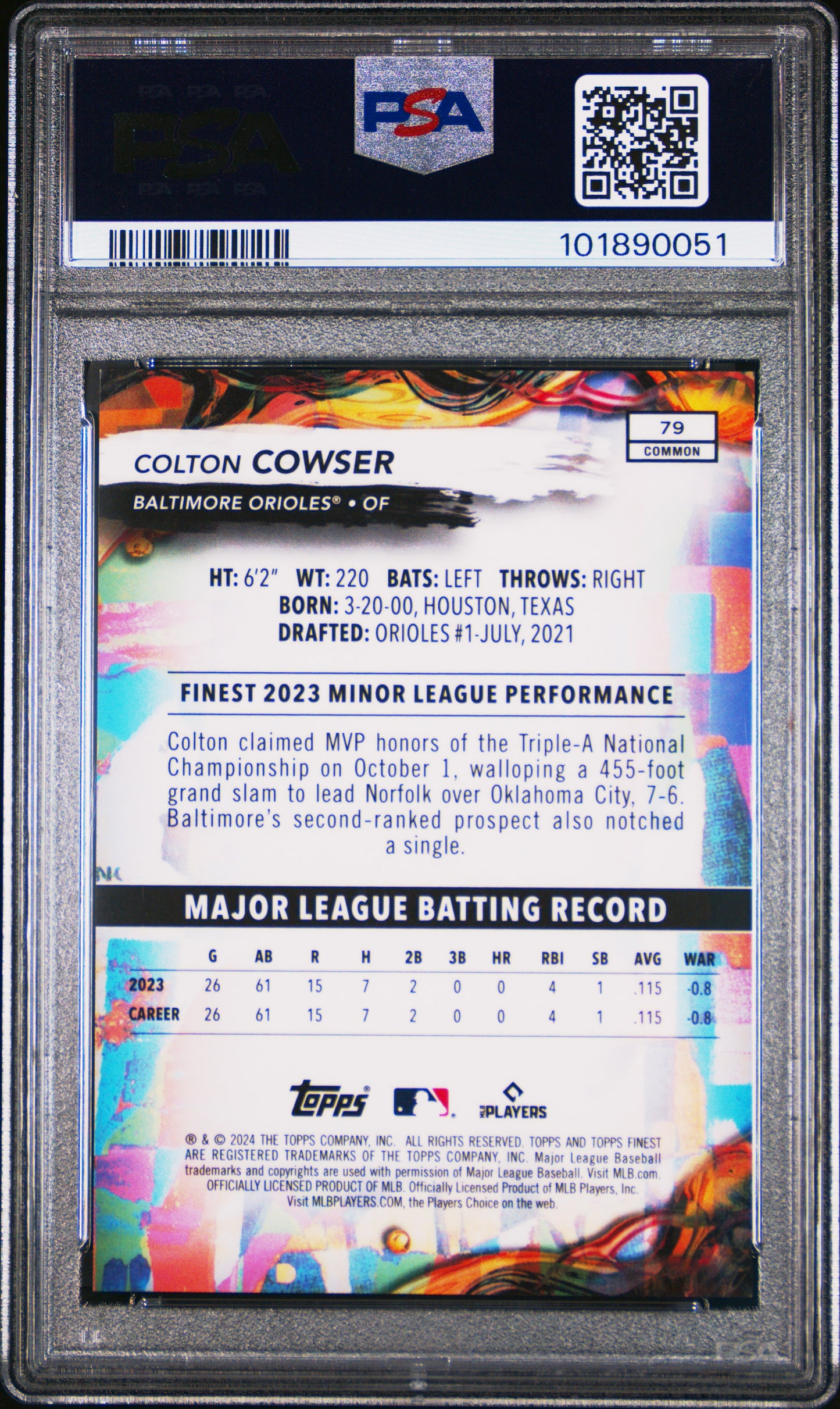 2024 Topps Finest Colton Cowser #79 Sky Blue Refractor /200 PSA 10
