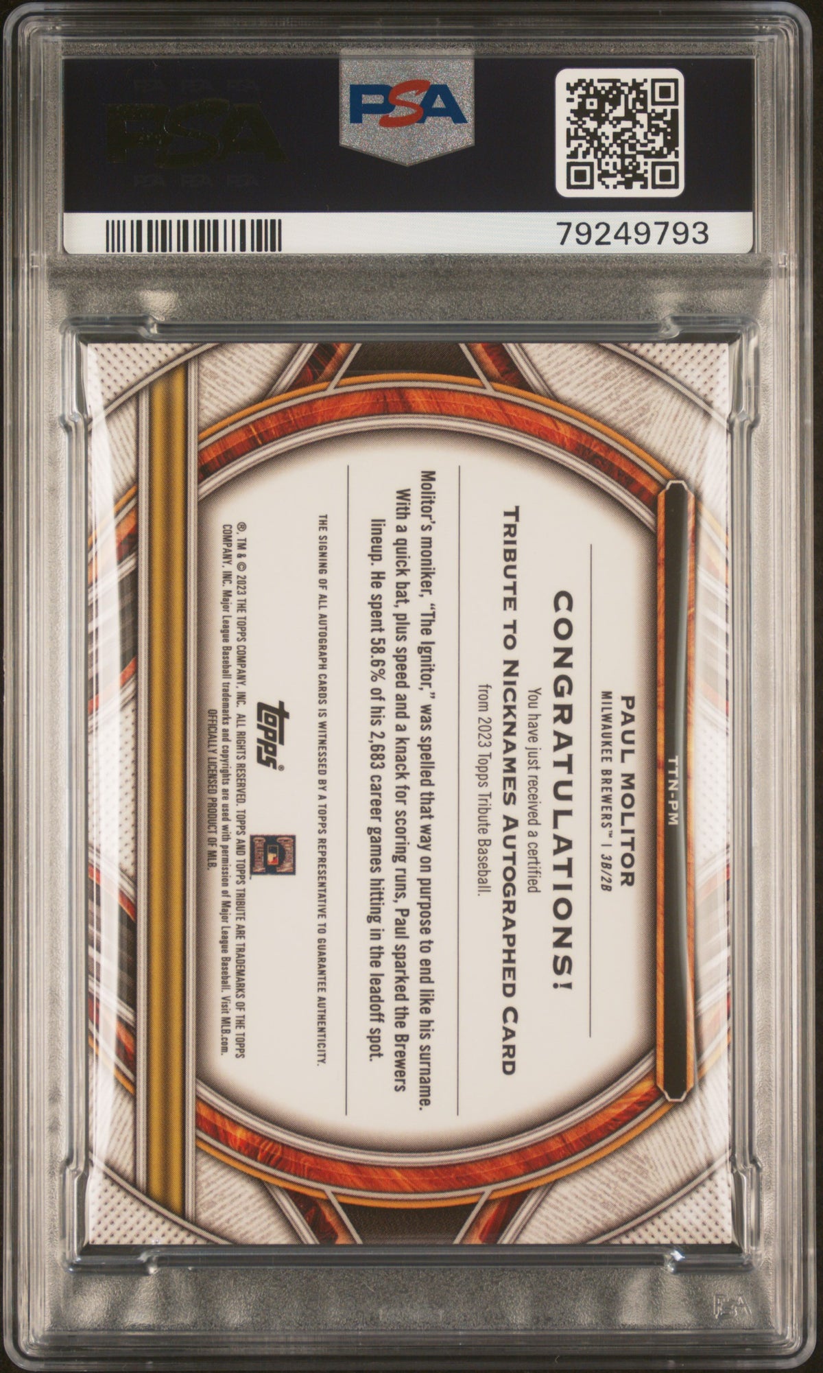 2023 Topps Tribute Tribute To Nicknames Auto Paul Molitor #TTNPM Org PSA 9