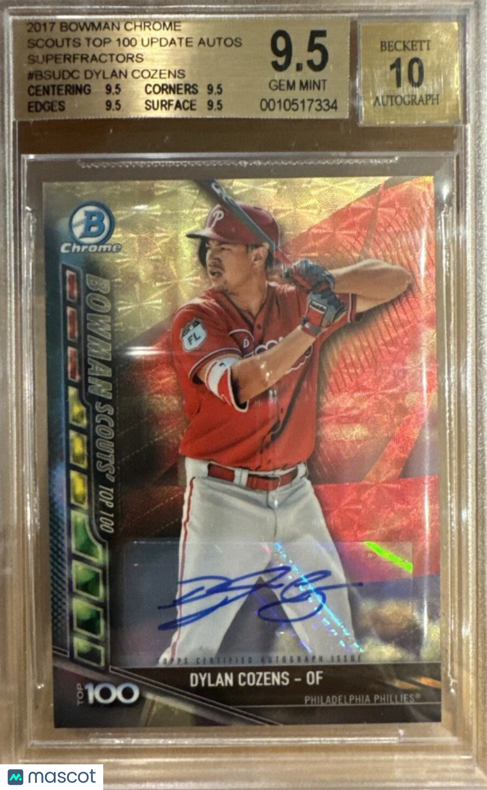 2017 Bowman Chrome Scouts Top 100 Auto Superfractors Dylan Cozens  BGS 9.5
