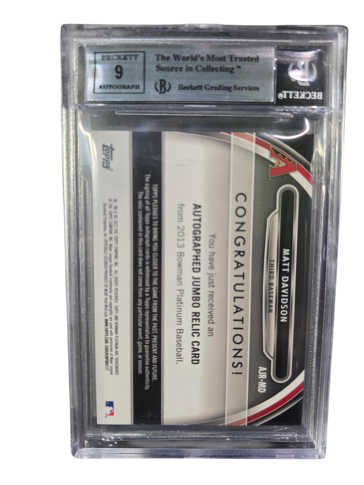 2013 Bowman Platinum Jumbo Relic Auto Gold Matt Davidson #MD BGS 9 Auto 9