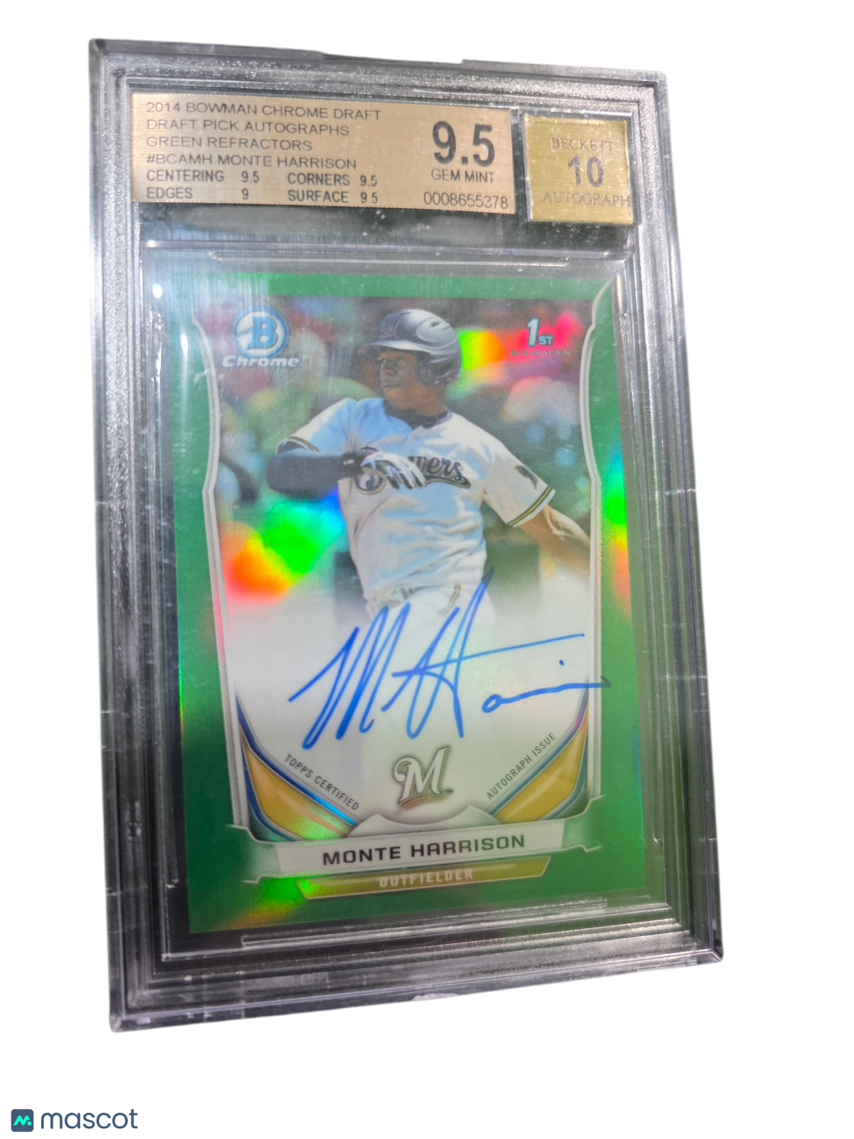 2014 Bowman Chrome Draft Pick Auto Green Monte Harrison #BCAMH BGS 9.5 Auto 10