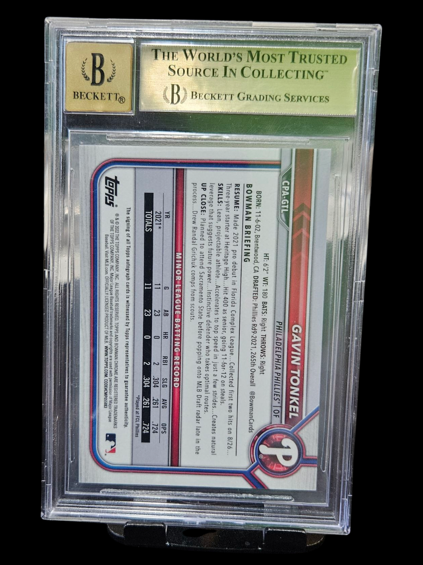 2022 Bowman Chrome Auto Orange Refractors Gavin Tonkel #CPAGTL BGS 9.5 Auto 10