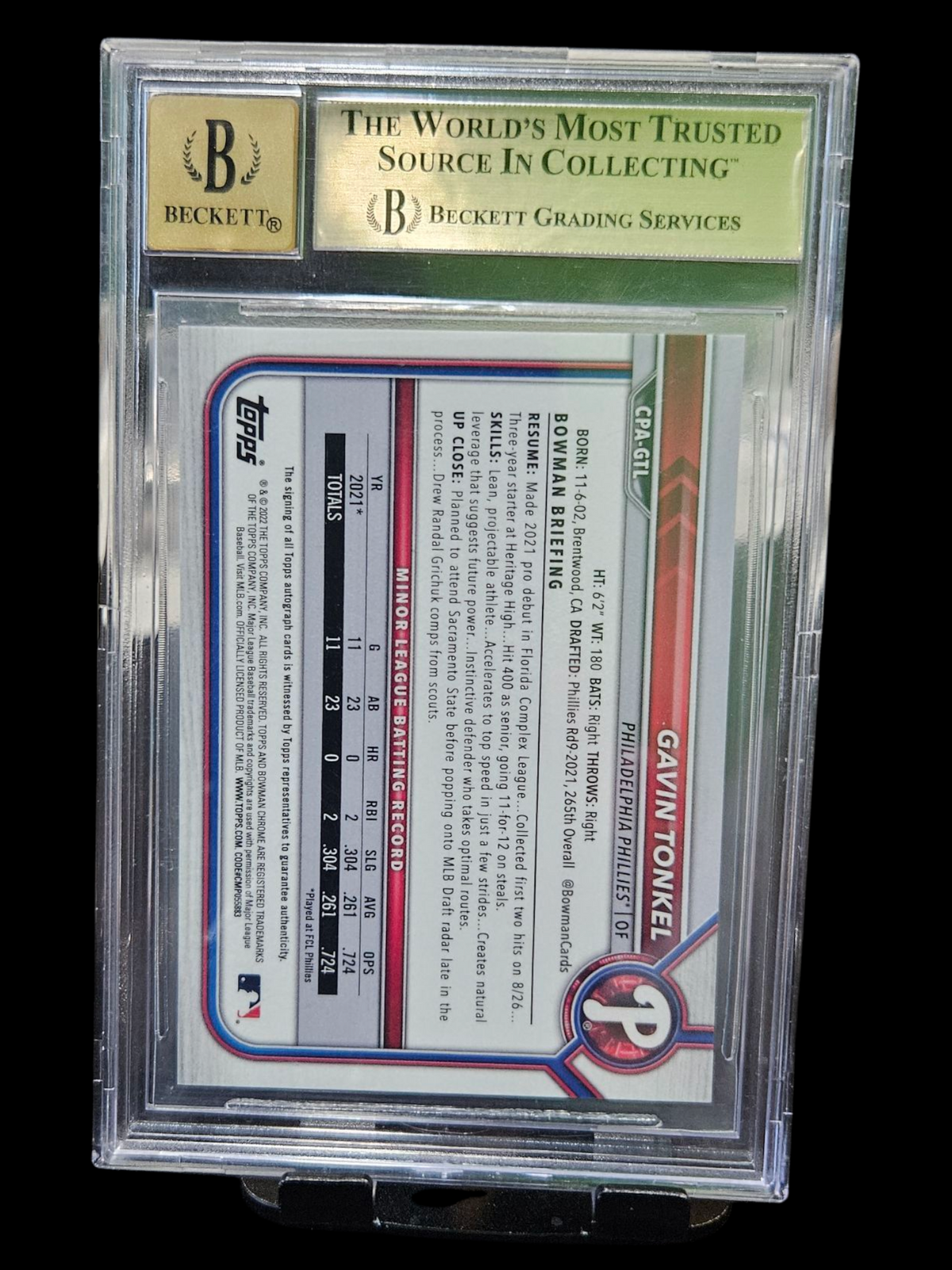 2022 Bowman Chrome Auto Orange Refractors Gavin Tonkel #CPAGTL BGS 9.5 Auto 10