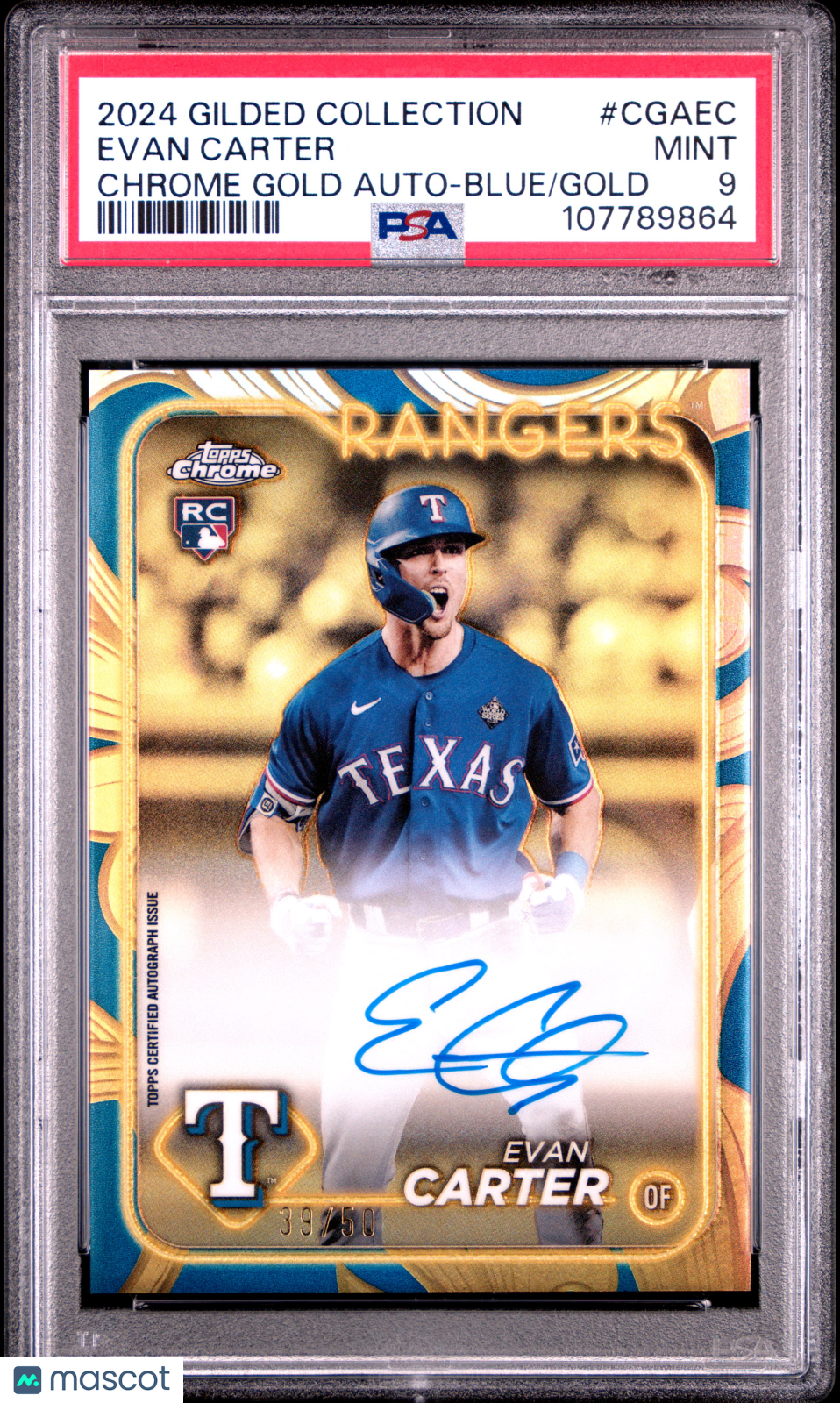 2024 Topps Gilded Collection Chrome Gold Auto Evan Carter #CGAEC Blue /50 PSA 9