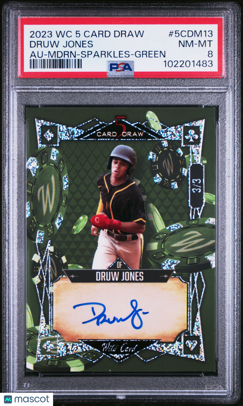 2023 Wild Card 5 Card Draw Autographs Druw Jones #5CDM13 Mdrn Green /3 PSA 8