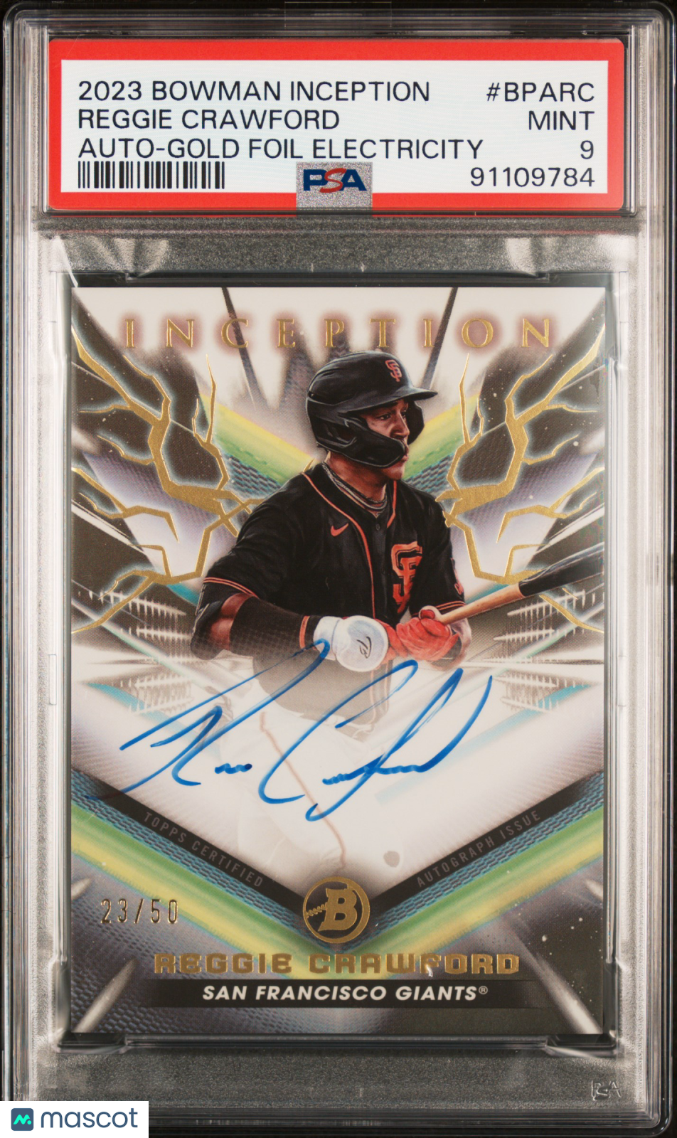 2023 Bowman Inception Auto Reggie Crawford #BPARC Gold Foil Electricity/50 PSA 9