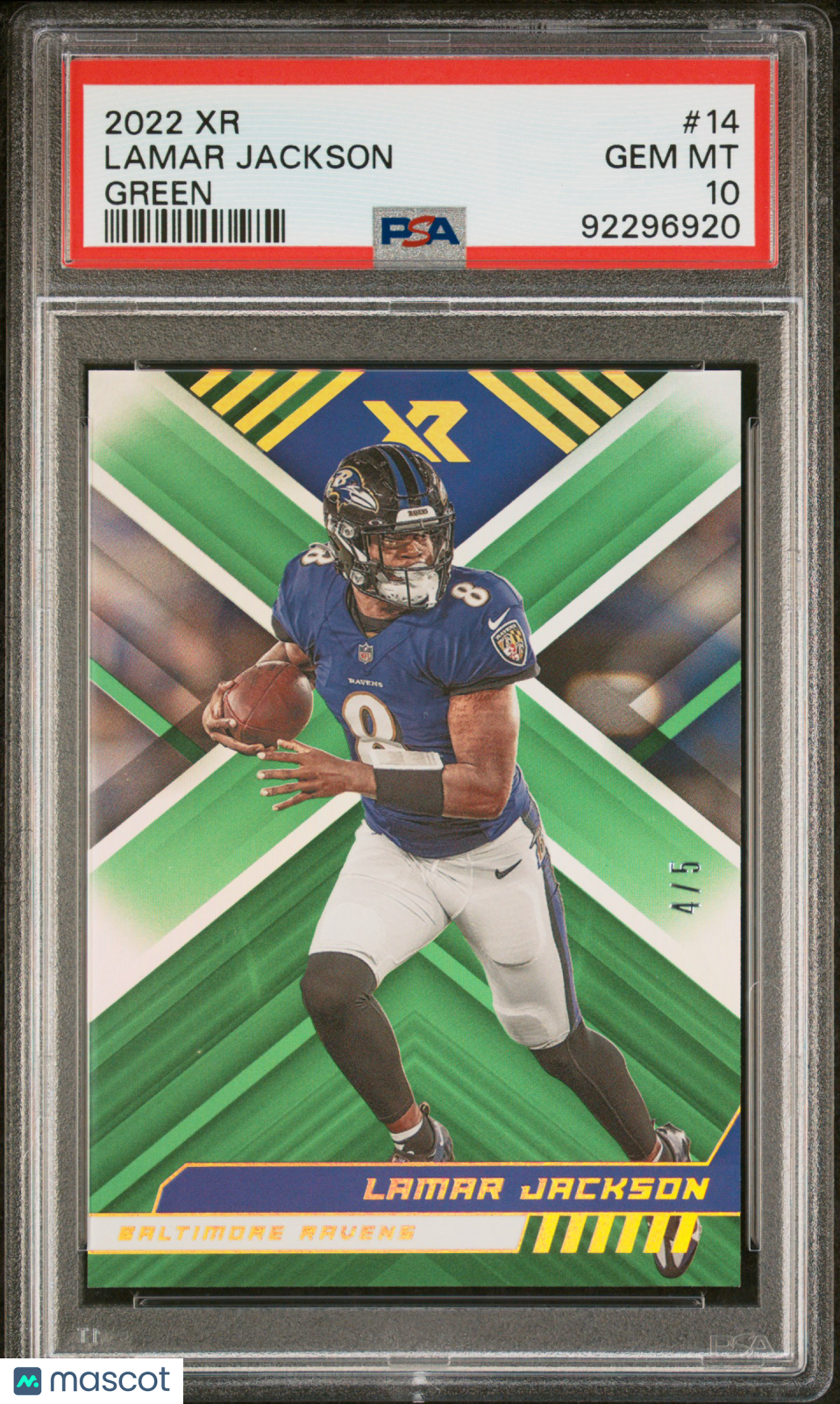 2022 Panini XR Lamar Jackson #14 Green 4/5 PSA 10