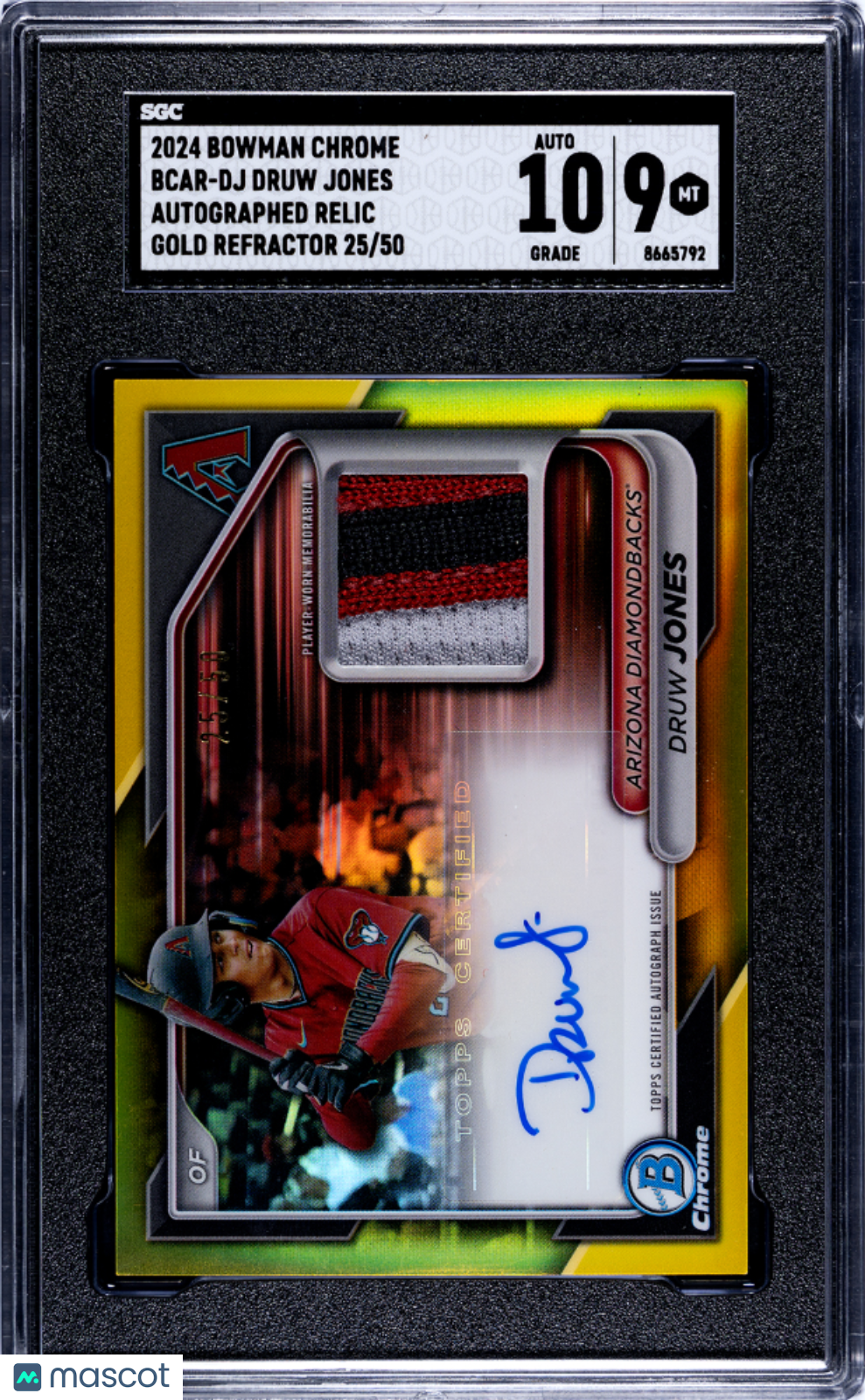 2024 Bowman Chrome Druw Jones #BCAR-DJ . Gold Refractor SGC 9 Auto 10