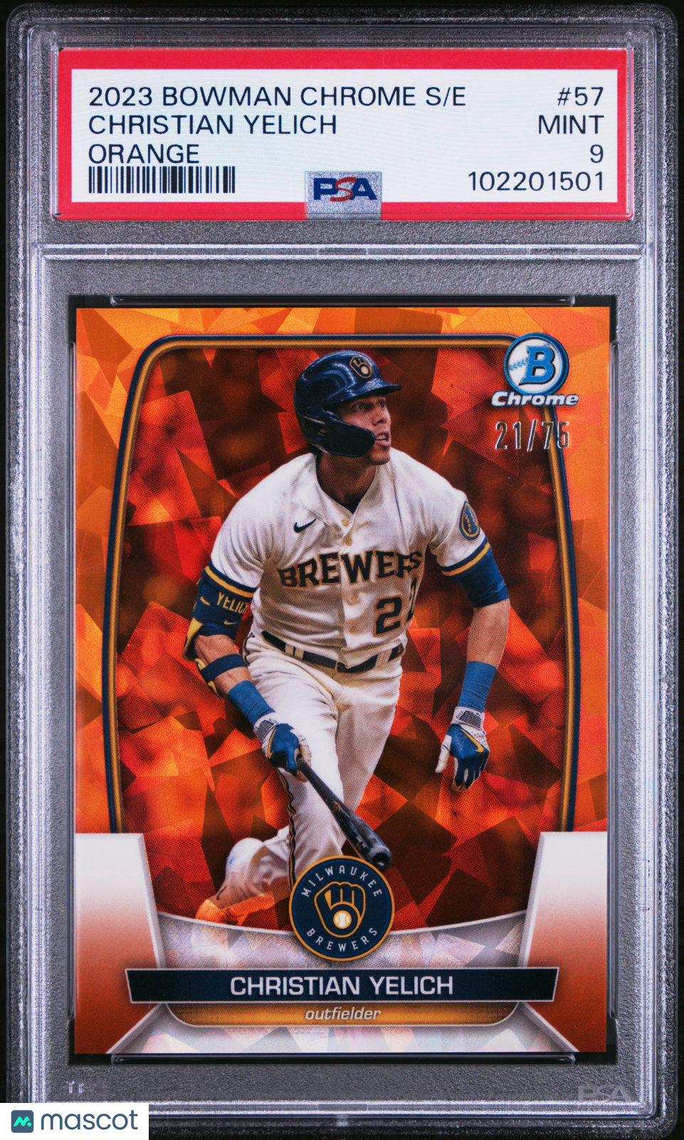 2023 Bowman Chrome Sapphire Edition Christian Yelich #57 Orange 21/75 PSA 9